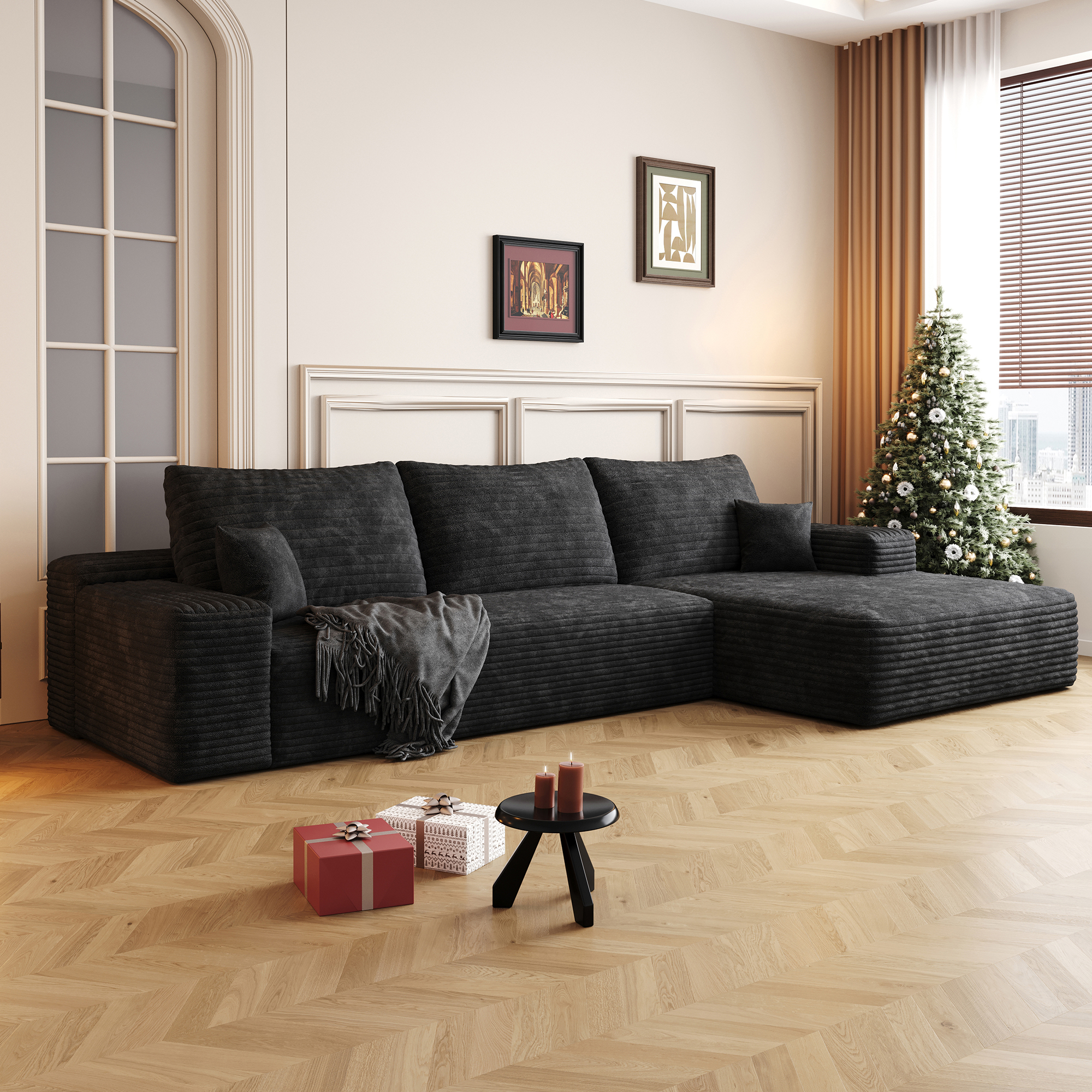 107" Cloud Sectional Couch with L-Shape Chaise,Modern Modular Sofa with Deep Seat, Upholstered Couches for Living Room Bedroom,No Assembly Required, BLACK(Plush Corduroy Fabric) - Image 2