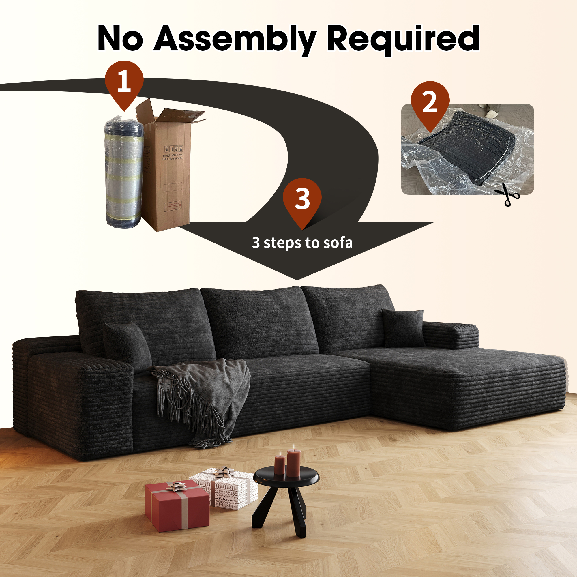 107" Cloud Sectional Couch with L-Shape Chaise,Modern Modular Sofa with Deep Seat, Upholstered Couches for Living Room Bedroom,No Assembly Required, BLACK(Plush Corduroy Fabric) - Image 6