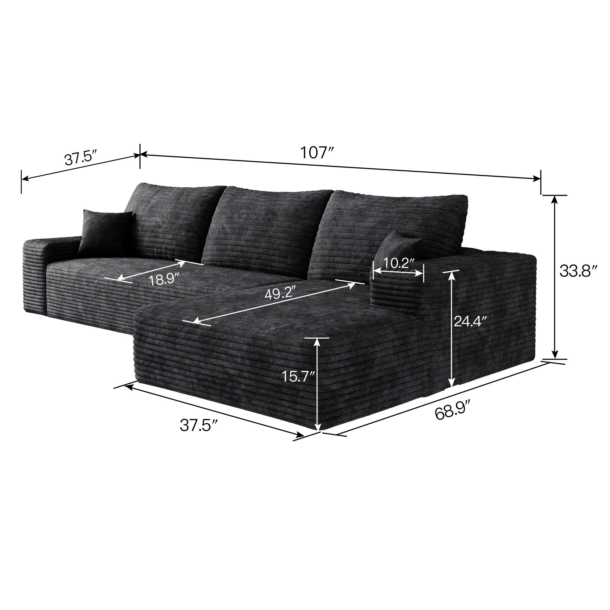 107" Cloud Sectional Couch with L-Shape Chaise,Modern Modular Sofa with Deep Seat, Upholstered Couches for Living Room Bedroom,No Assembly Required, BLACK(Plush Corduroy Fabric),Black - Image 6