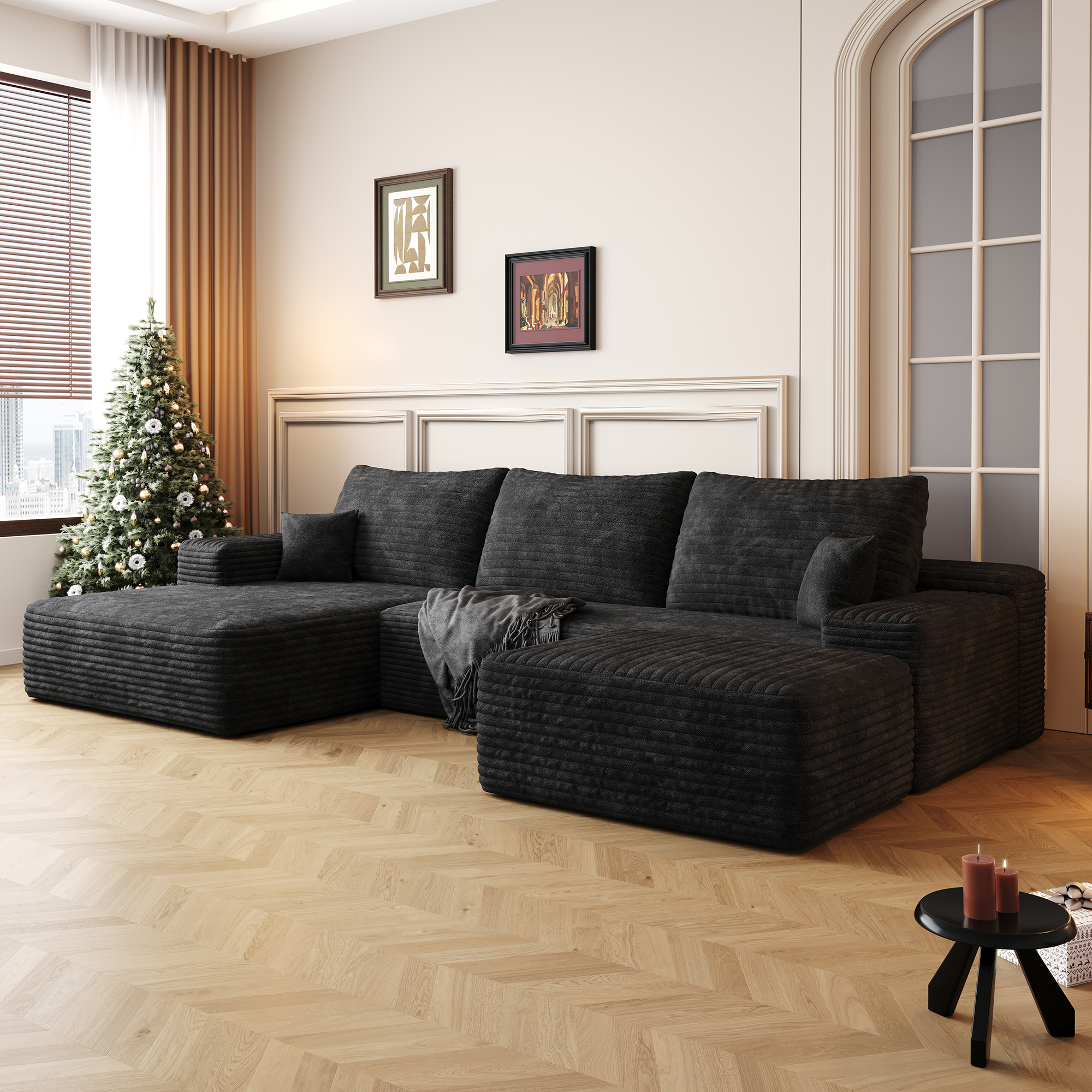 107"Cloud Sectional Sofa with 1 Ottoman,Modern Minimalist Upholstered Couches,Comfort U Shaped Sofa for Living Room,Deep Seat Corner Couch,No Assembly Required (Plush Corduroy Fabric) - Image 2