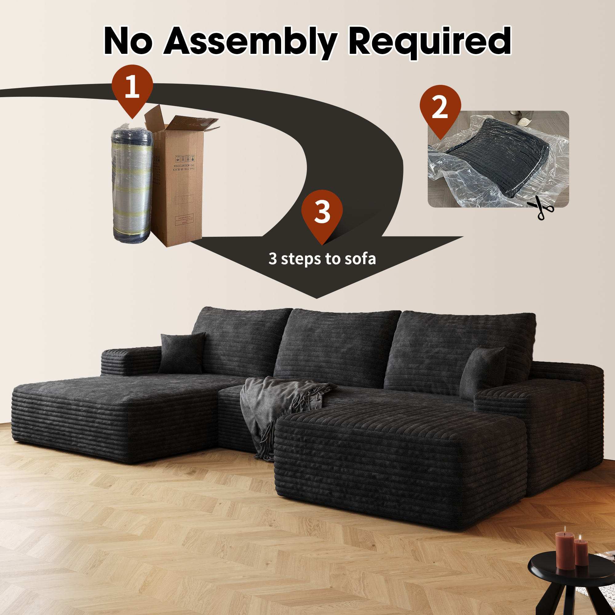 107"Cloud Sectional Sofa with 1 Ottoman,Modern Minimalist Upholstered Couches,Comfort U Shaped Sofa for Living Room,Deep Seat Corner Couch,No Assembly Required (Plush Corduroy Fabric),Black - Image 3