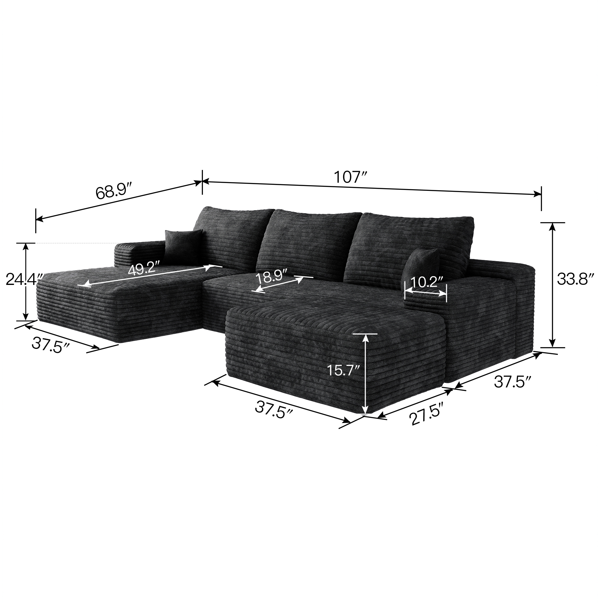 107"Cloud Sectional Sofa with 1 Ottoman,Modern Minimalist Upholstered Couches,Comfort U Shaped Sofa for Living Room,Deep Seat Corner Couch,No Assembly Required (Plush Corduroy Fabric),Black - Image 5