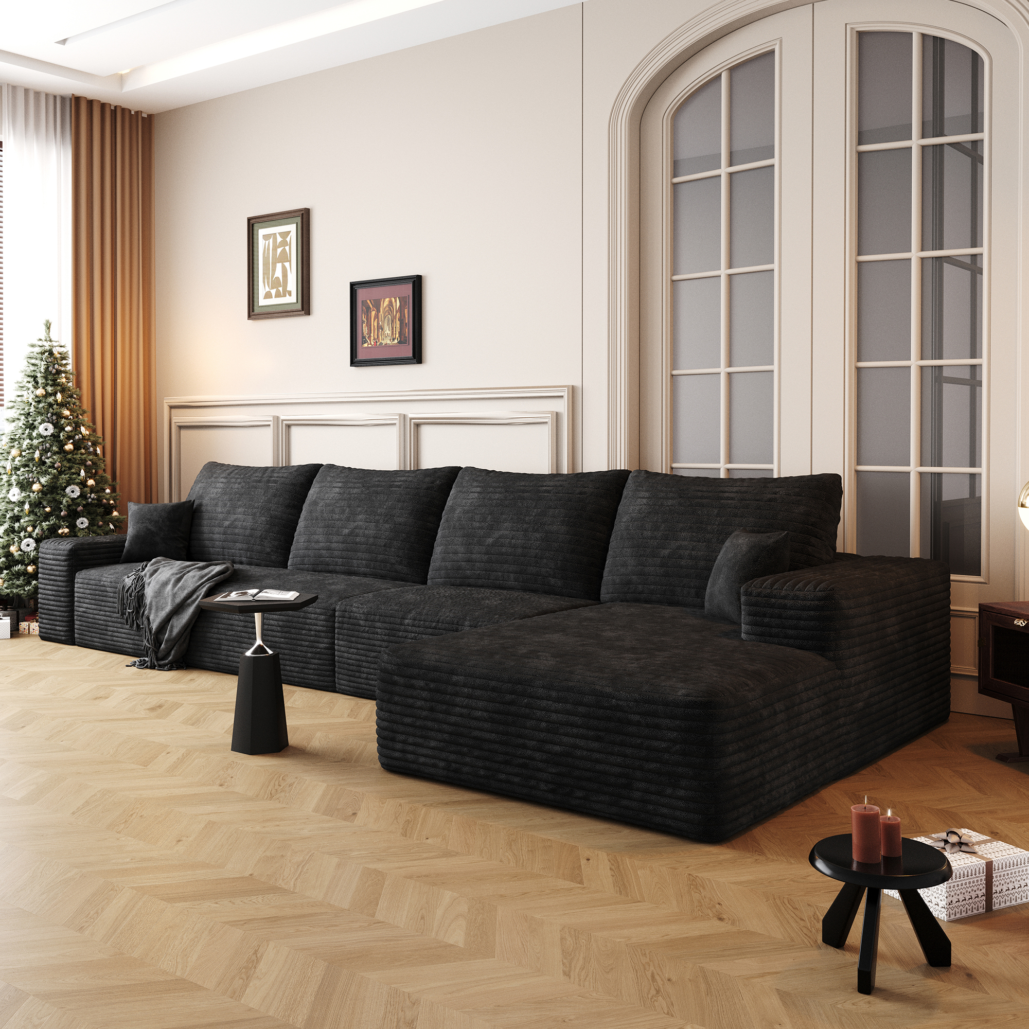 135" Cloud Sectional Couch with L-Shape Chaise,Modern Modular Sofa with Deep Seat, Upholstered Couches for Living Room Bedroom,No Assembly Required, Black(Plush Corduroy Fabric) - Image 2