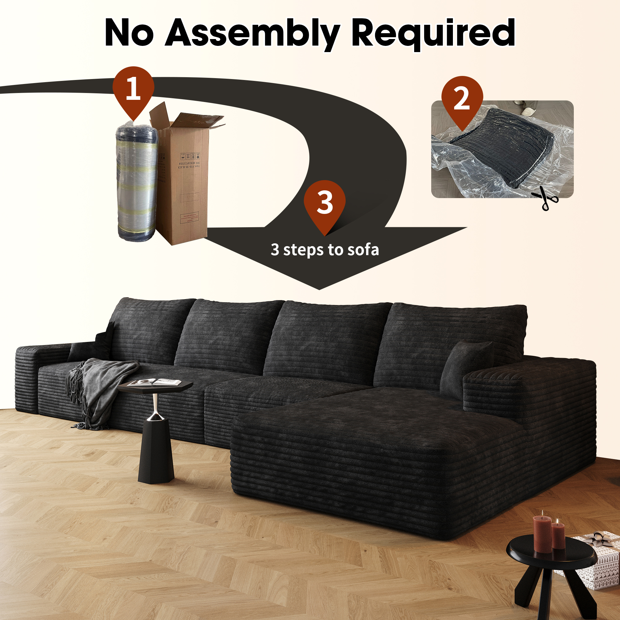 135" Cloud Sectional Couch with L-Shape Chaise,Modern Modular Sofa with Deep Seat, Upholstered Couches for Living Room Bedroom,No Assembly Required, Black(Plush Corduroy Fabric) - Image 3