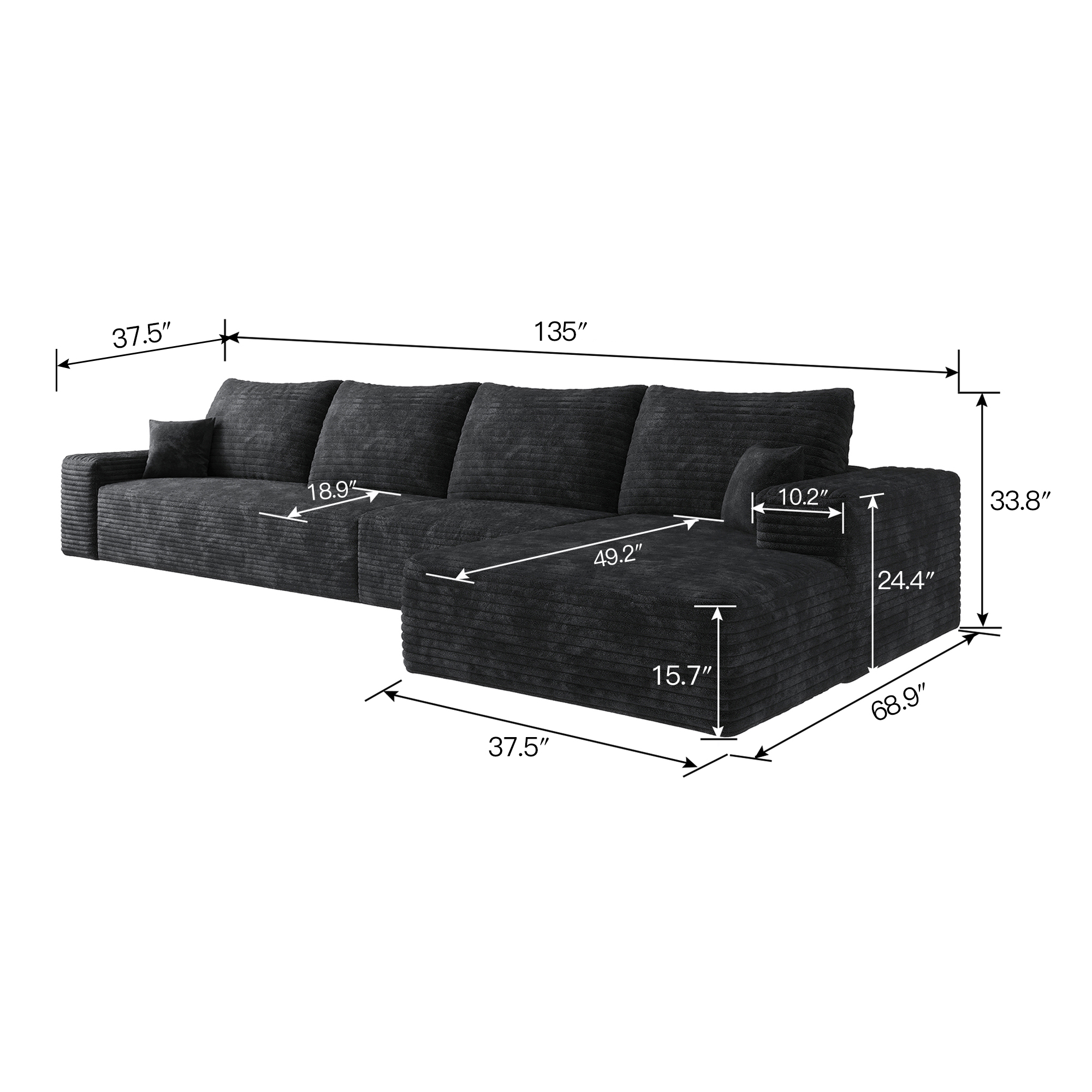 135" Cloud Sectional Couch with L-Shape Chaise,Modern Modular Sofa with Deep Seat, Upholstered Couches for Living Room Bedroom,No Assembly Required, Black(Plush Corduroy Fabric) - Image 5