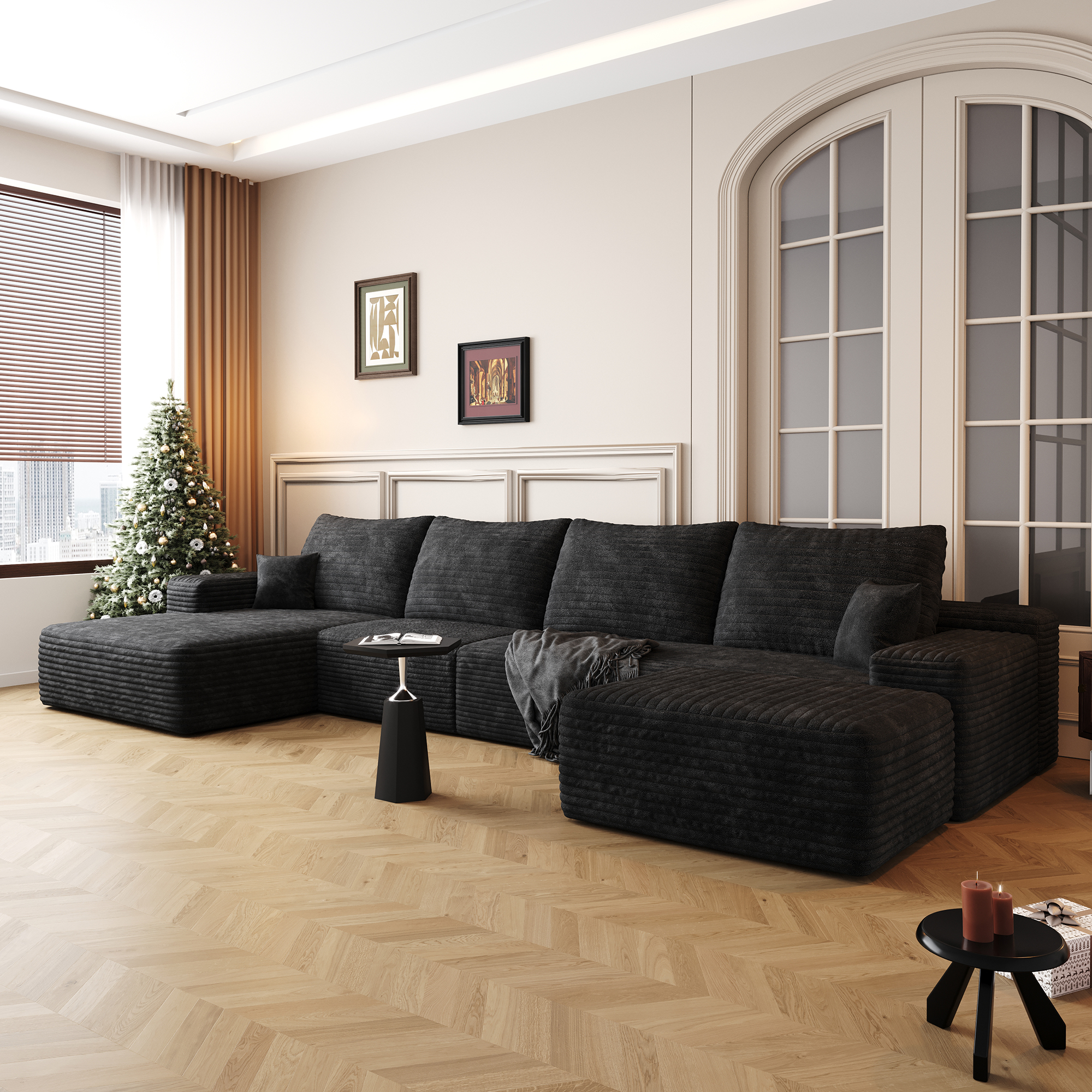 135" Cloud Sectional Sofa with 1 Ottoman,Modern Minimalist Upholstered Couches, Comfort U Shaped Sofa for Living Room,Deep Seat Corner Couch,No Assembly Required,Black (Plush Corduroy Fabric) - Image 2