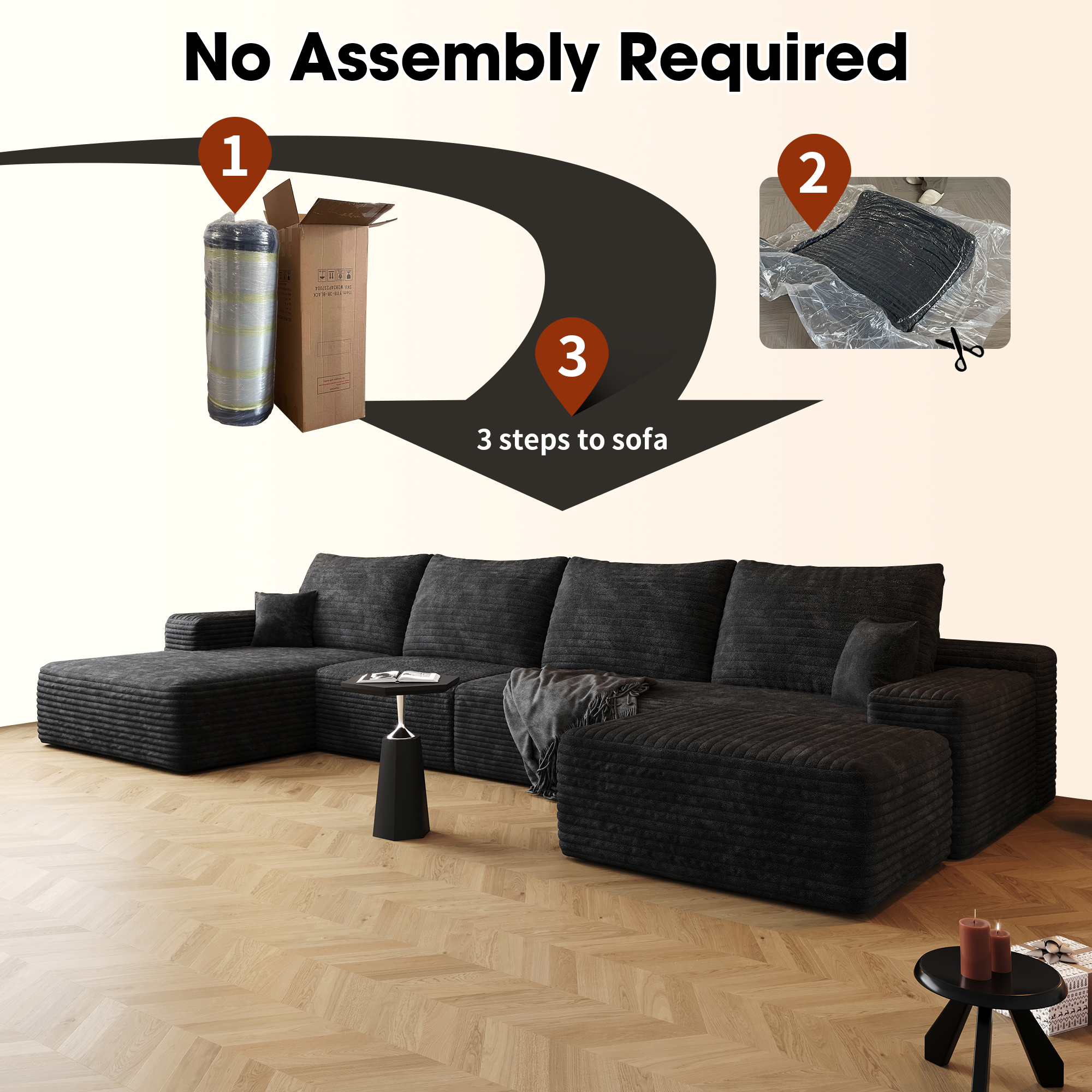 135" Cloud Sectional Sofa with 1 Ottoman,Modern Minimalist Upholstered Couches, Comfort U Shaped Sofa for Living Room,Deep Seat Corner Couch,No Assembly Required,Black (Plush Corduroy Fabric) - Image 5