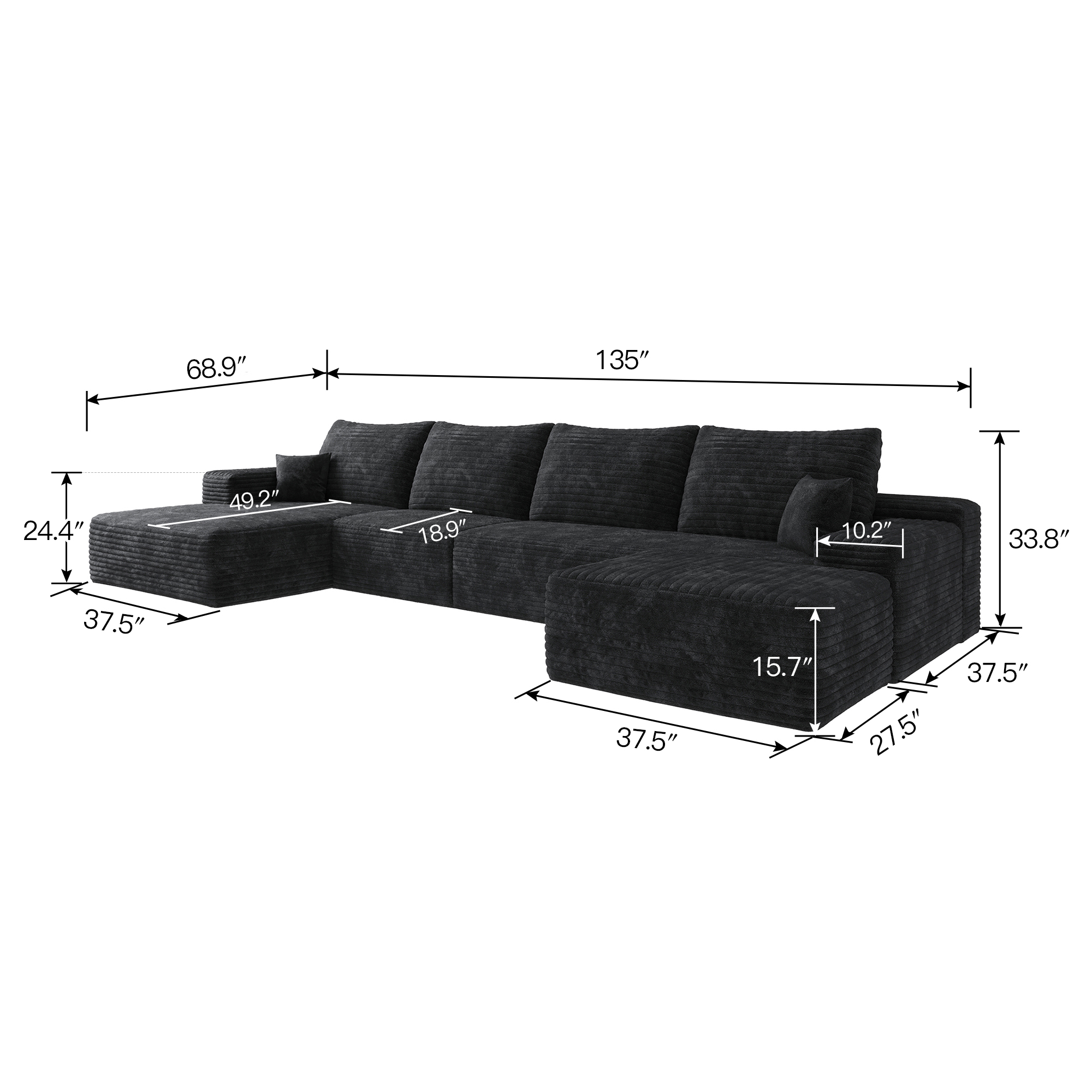 135" Cloud Sectional Sofa with 1 Ottoman,Modern Minimalist Upholstered Couches, Comfort U Shaped Sofa for Living Room,Deep Seat Corner Couch,No Assembly Required,Black (Plush Corduroy Fabric) - Image 5