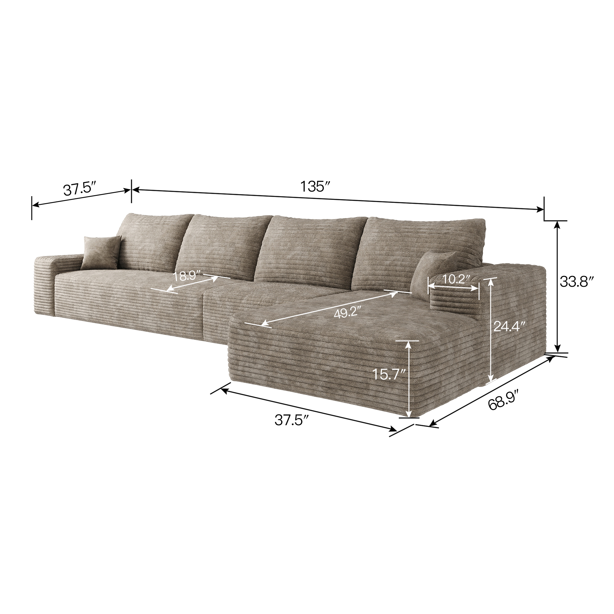 107" Cloud Sectional Couch with L-Shape Chaise,Modern Modular Sofa with Deep Seat, Upholstered Couches for Living Room Bedroom,No Assembly Required, Camel(Plush Corduroy Fabric) - Image 6