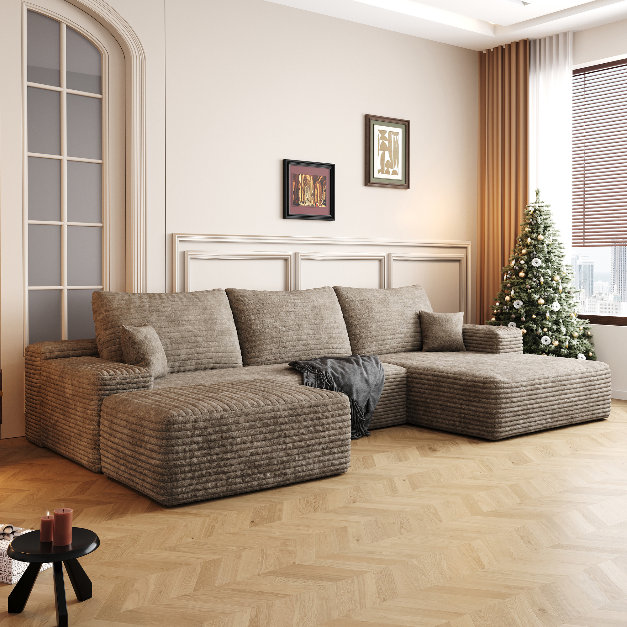 107" Cloud Sectional Sofa with 1 Ottoman,Modern Minimalist Upholstered Couches, Comfort U Shaped Sofa for Living Room,Deep Seat Corner Couch,No Assembly Required ,Camel(Plush Corduroy Fabric) - Image 2