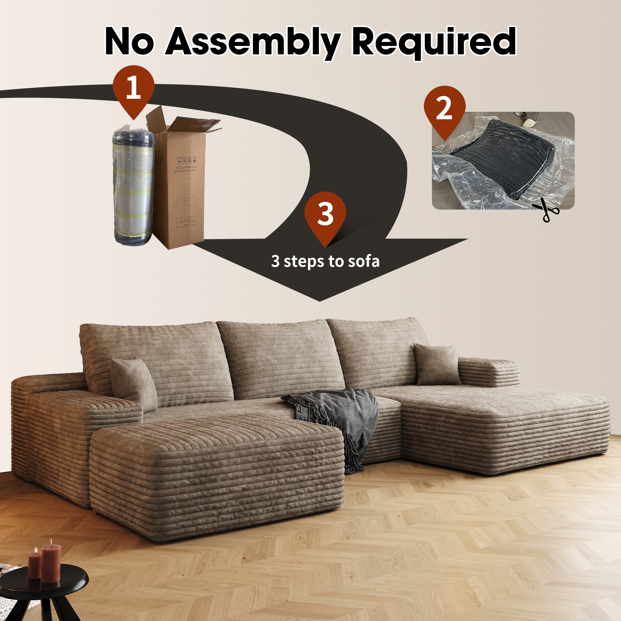 107" Cloud Sectional Sofa with 1 Ottoman,Modern Minimalist Upholstered Couches, Comfort U Shaped Sofa for Living Room,Deep Seat Corner Couch,No Assembly Required ,Camel(Plush Corduroy Fabric) - Image 5
