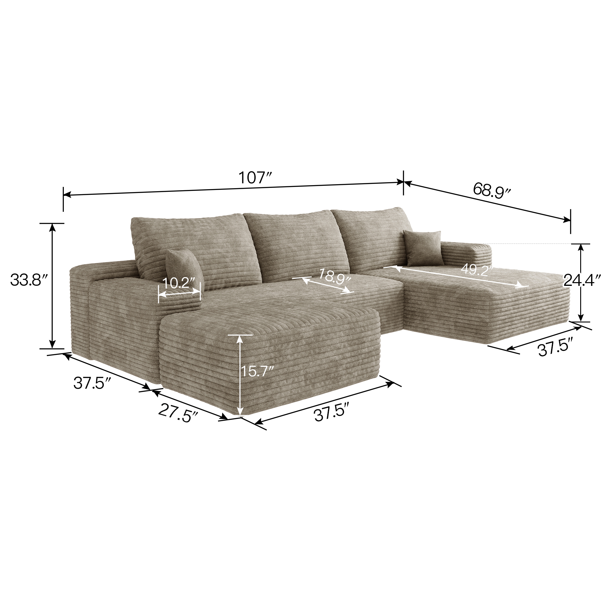 107" Cloud Sectional Sofa with 1 Ottoman,Modern Minimalist Upholstered Couches, Comfort U Shaped Sofa for Living Room,Deep Seat Corner Couch,No Assembly Required ,Camel(Plush Corduroy Fabric) - Image 5