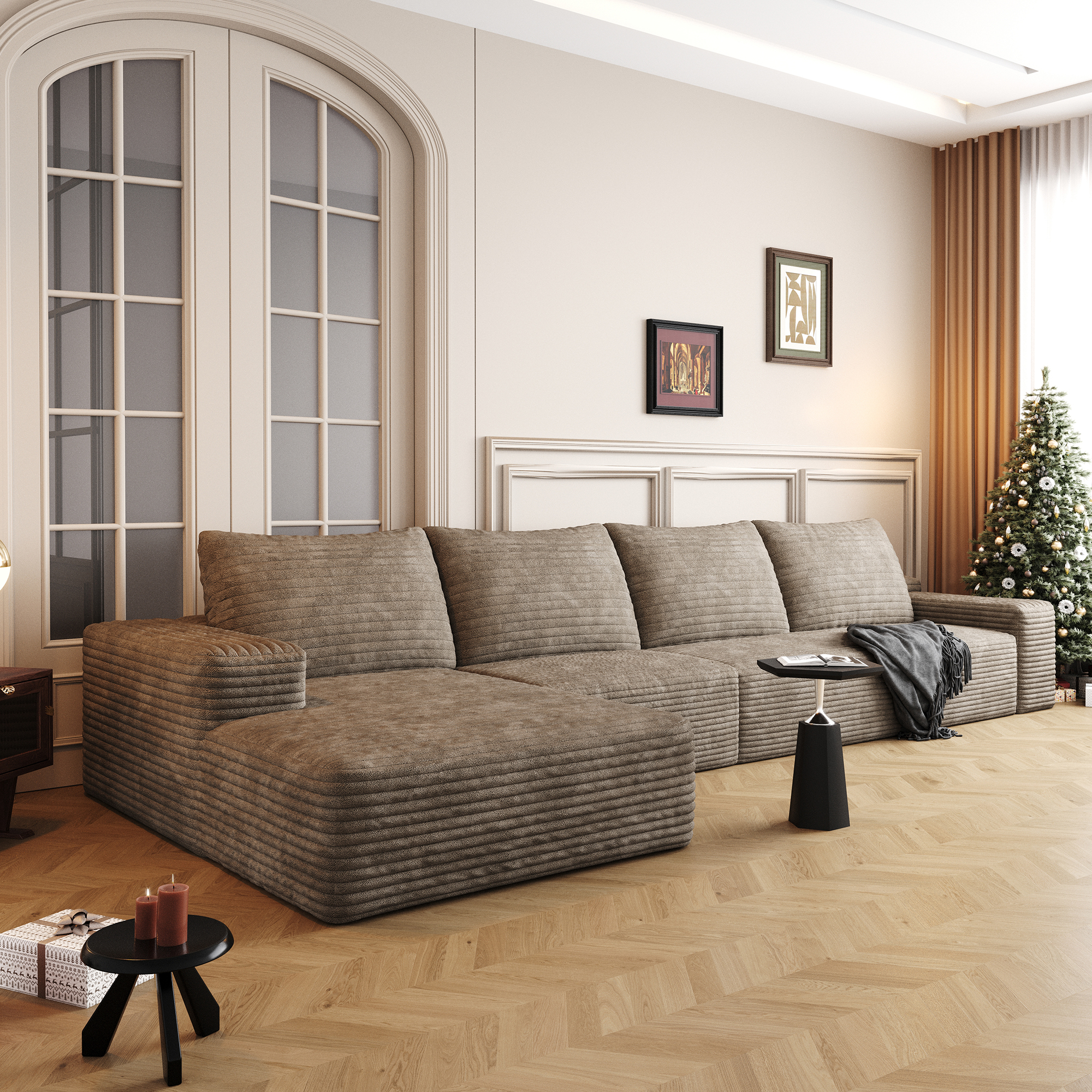135" Cloud Sectional Couch with L-Shape Chaise,Modern Modular Sofa with Deep Seat, Upholstered Couches for Living Room Bedroom,No Assembly Required, Camel(Plush Corduroy Fabric) - Image 2