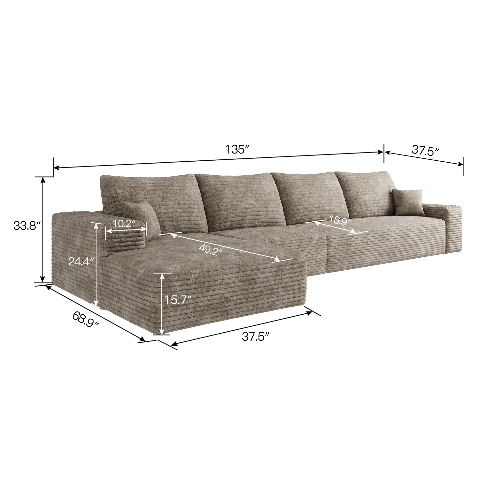 135" Cloud Sectional Couch with L-Shape Chaise,Modern Modular Sofa with Deep Seat, Upholstered Couches for Living Room Bedroom,No Assembly Required, Camel(Plush Corduroy Fabric) - Image 5