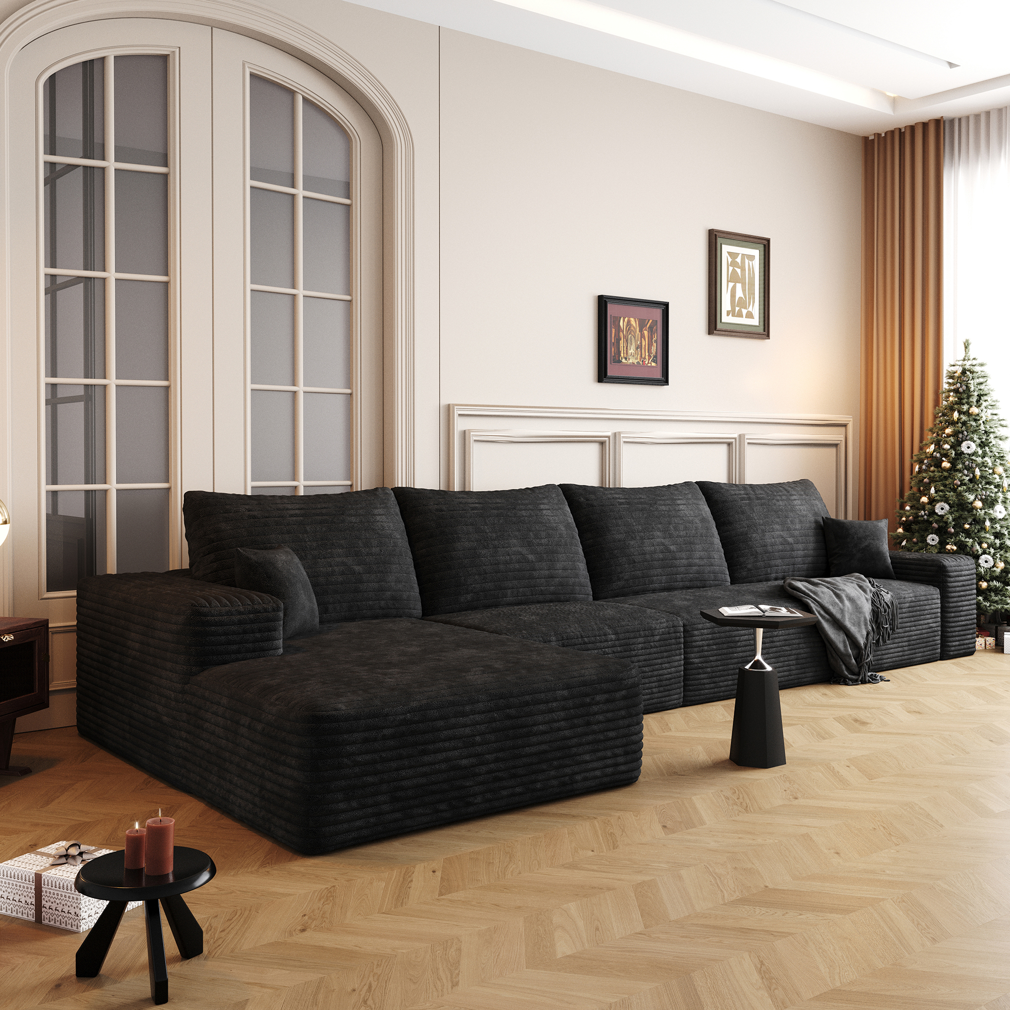 135" Cloud Sectional Couch with L-Shape Chaise,Modern Modular Sofa with Deep Seat, Upholstered Couches for Living Room Bedroom,No Assembly Required, Black(Plush Corduroy Fabric) - Image 2