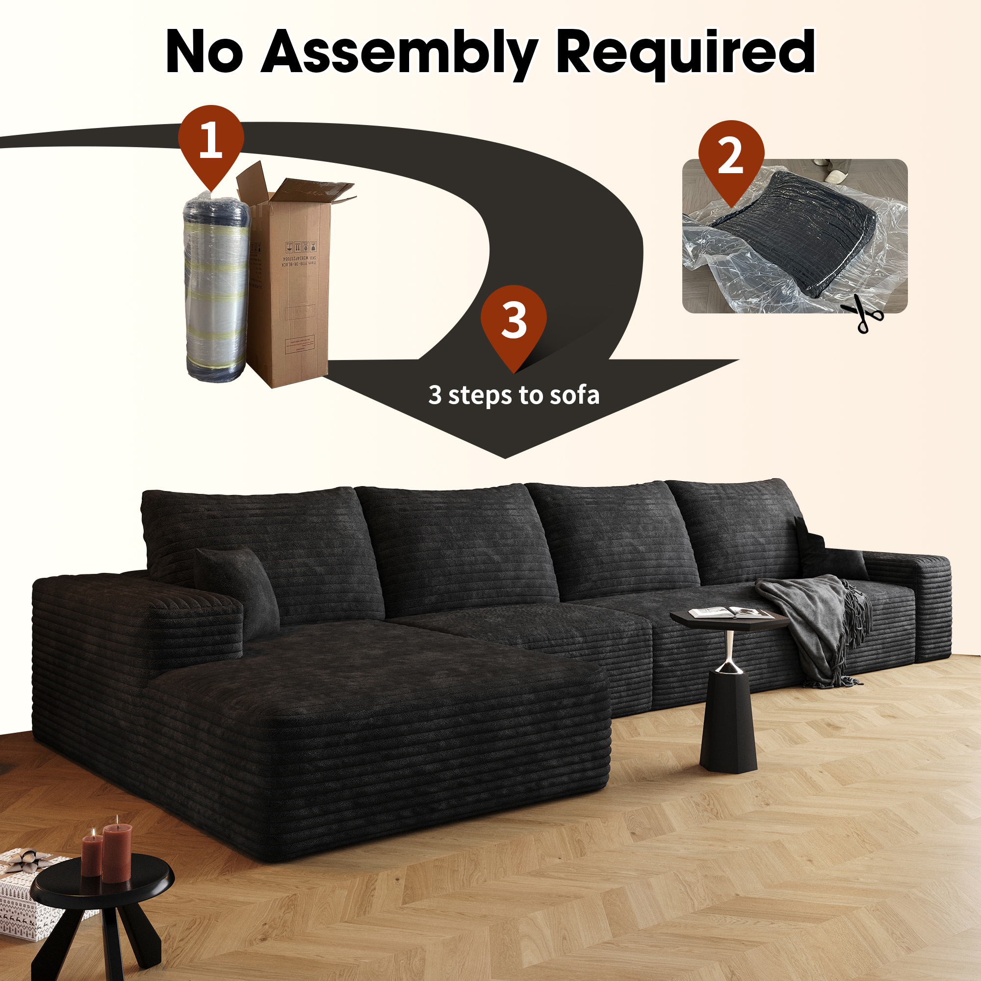 135" Cloud Sectional Couch with L-Shape Chaise,Modern Modular Sofa with Deep Seat, Upholstered Couches for Living Room Bedroom,No Assembly Required, Black(Plush Corduroy Fabric) - Image 5