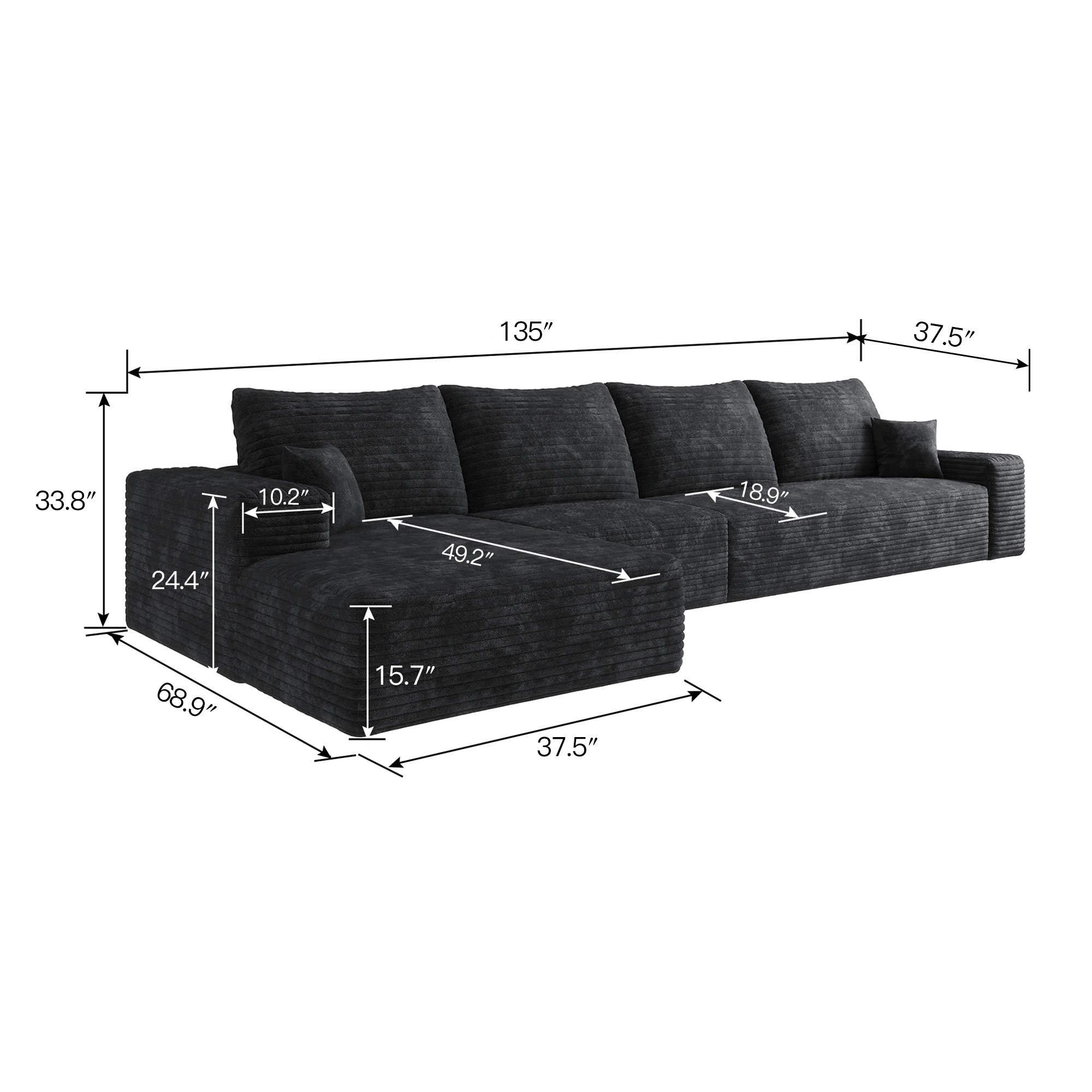 135" Cloud Sectional Couch with L-Shape Chaise,Modern Modular Sofa with Deep Seat, Upholstered Couches for Living Room Bedroom,No Assembly Required, Black(Plush Corduroy Fabric) - Image 5