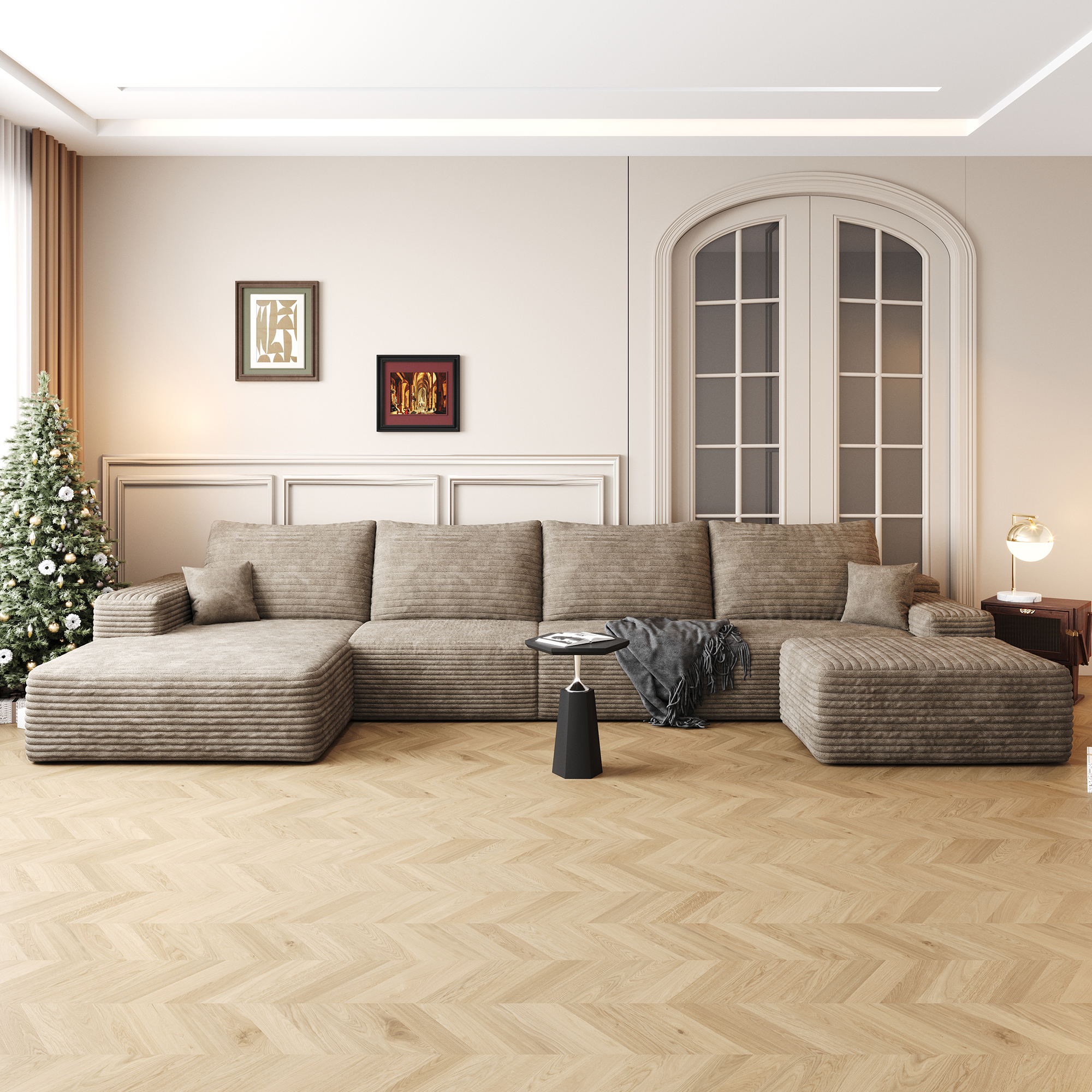 135" Cloud Sectional Sofa with 1 Ottoman,Modern Minimalist Upholstered Couches, Comfort U Shaped Sofa for Living Room,Deep Seat Corner Couch,No Assembly Required,Camel(Plush Corduroy Fabric) - Image 2