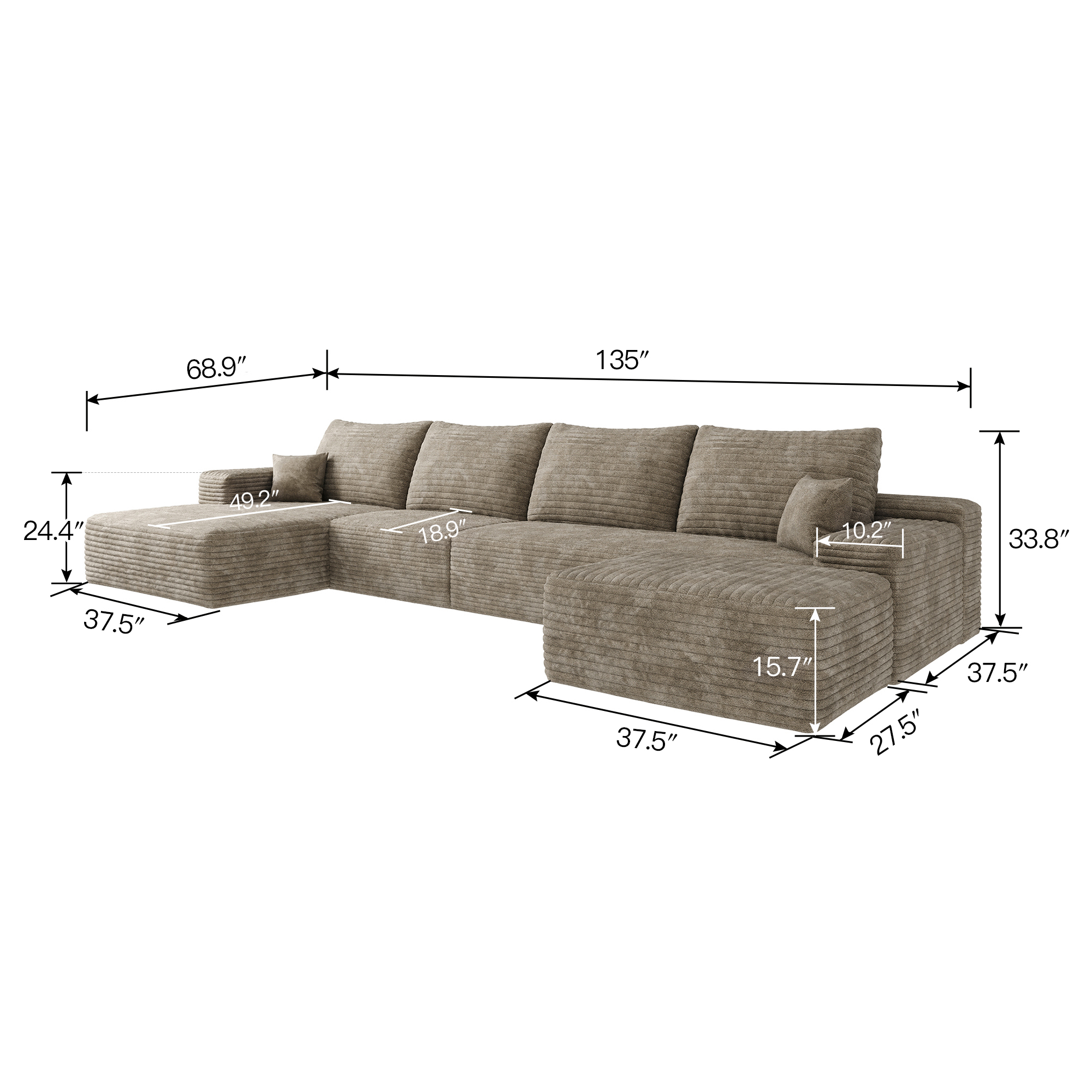 135" Cloud Sectional Sofa with 1 Ottoman,Modern Minimalist Upholstered Couches, Comfort U Shaped Sofa for Living Room,Deep Seat Corner Couch,No Assembly Required,Camel(Plush Corduroy Fabric) - Image 5