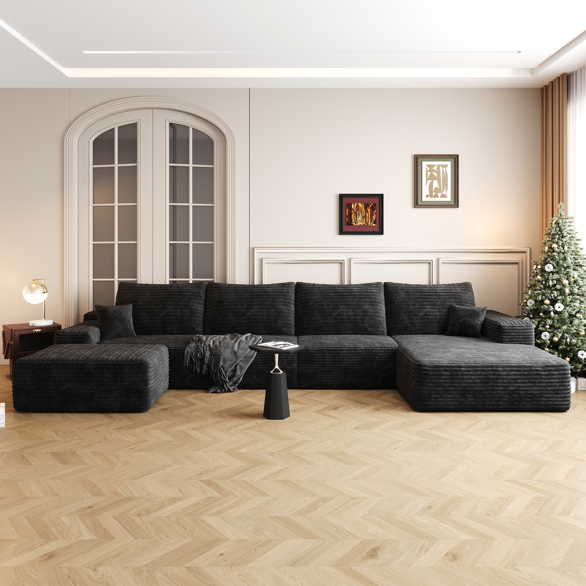 135" Cloud Sectional Sofa with 1 Ottoman,Modern Minimalist Upholstered Couches, Comfort U Shaped Sofa for Living Room,Deep Seat Corner Couch,No Assembly Required,Balck (Plush Corduroy Fabric) - Image 2