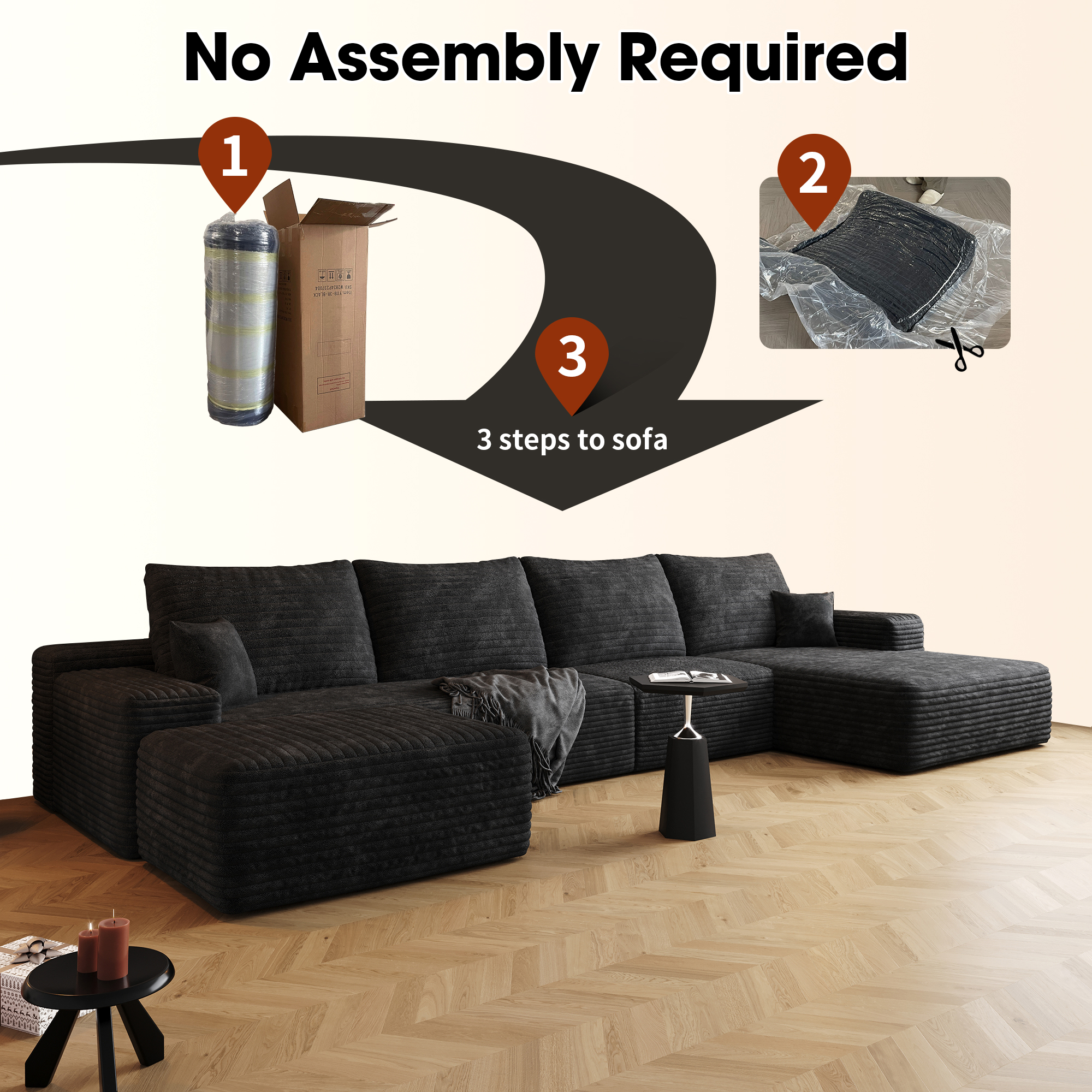 135" Cloud Sectional Sofa with 1 Ottoman,Modern Minimalist Upholstered Couches, Comfort U Shaped Sofa for Living Room,Deep Seat Corner Couch,No Assembly Required,Balck (Plush Corduroy Fabric) - Image 3