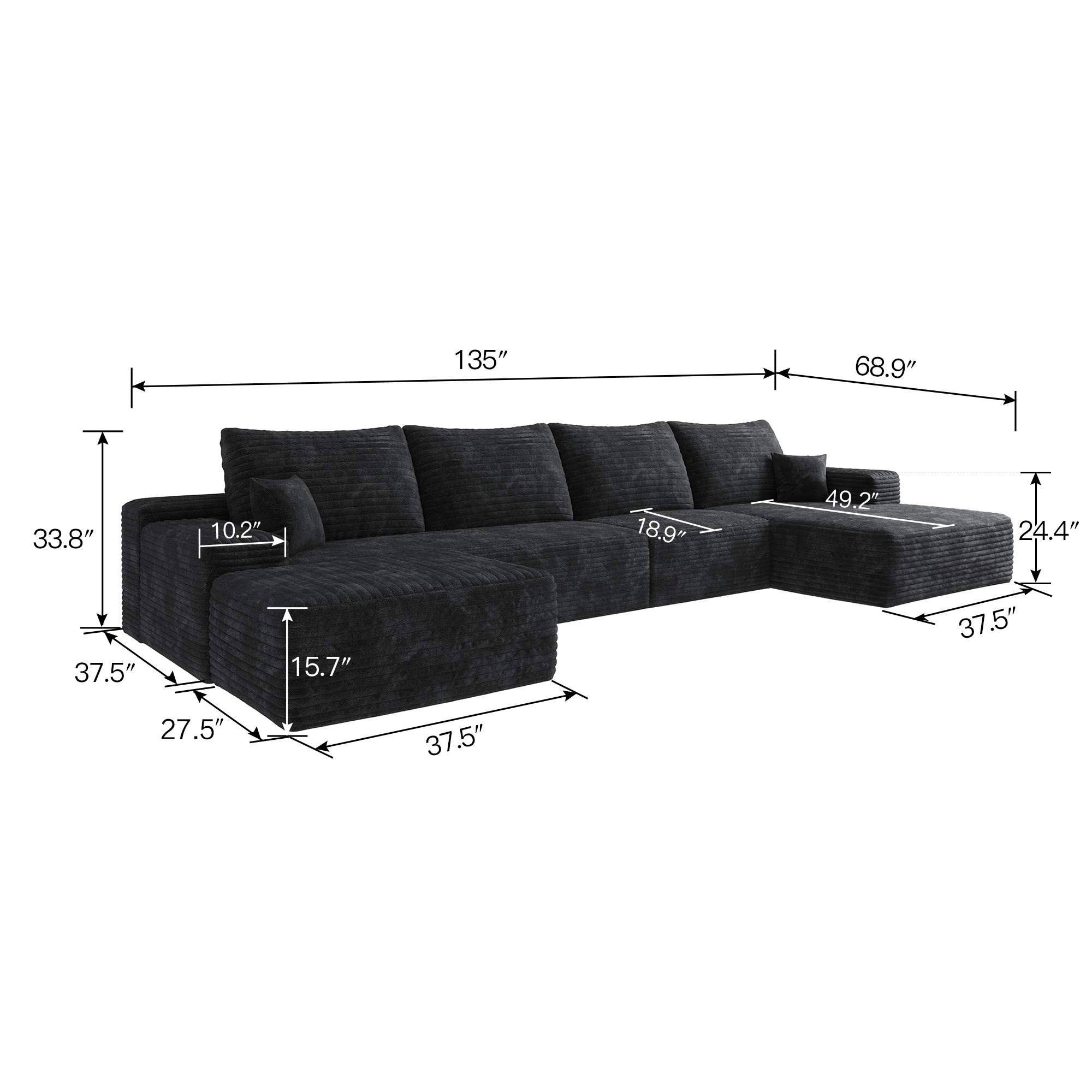 135" Cloud Sectional Sofa with 1 Ottoman,Modern Minimalist Upholstered Couches, Comfort U Shaped Sofa for Living Room,Deep Seat Corner Couch,No Assembly Required,Balck (Plush Corduroy Fabric) - Image 5