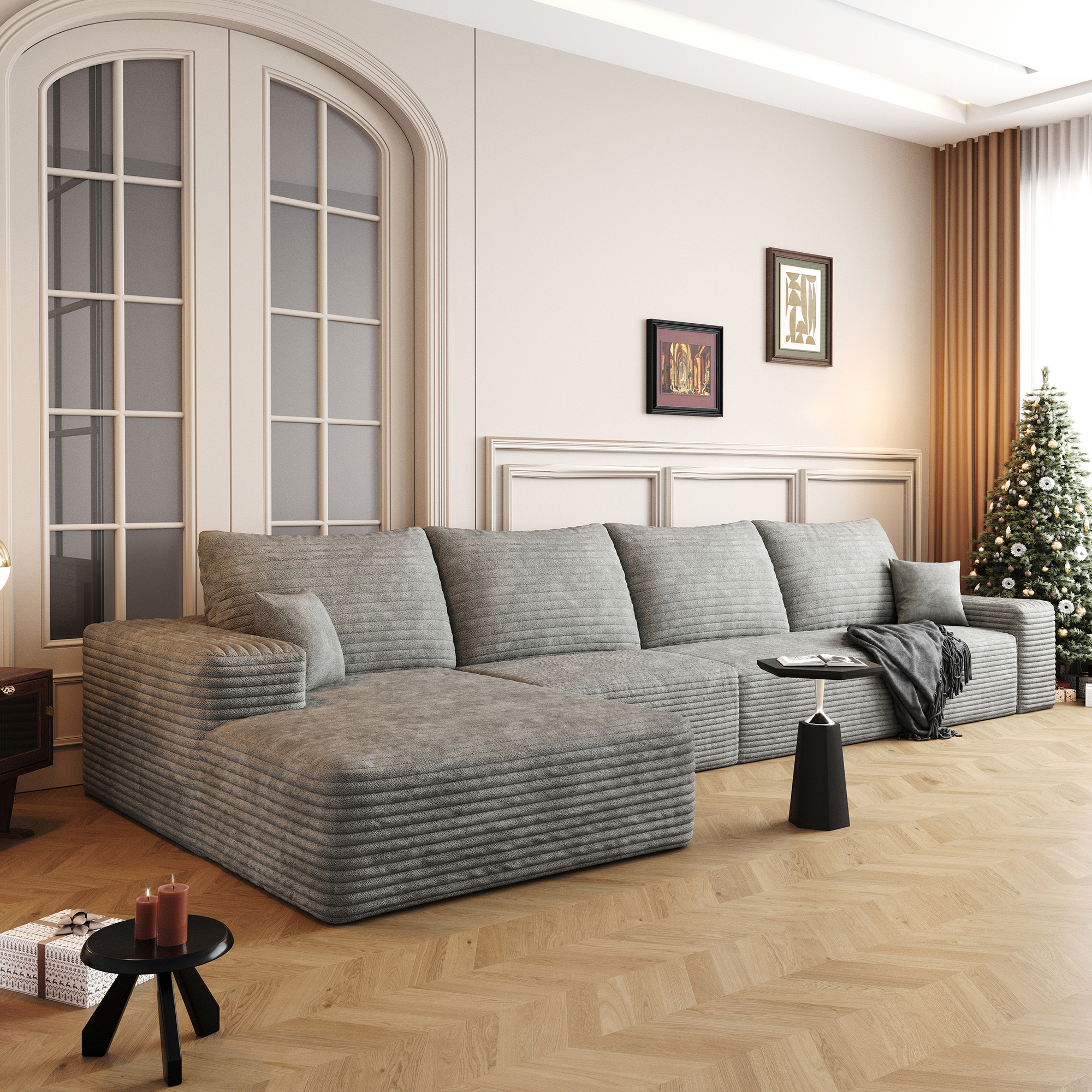 135" Cloud Sectional Couch with L-Shape Chaise,Modern Modular Sofa with Deep Seat, Upholstered Couches for Living Room Bedroom,No Assembly Required, Grey(Plush Corduroy Fabric) - Image 2