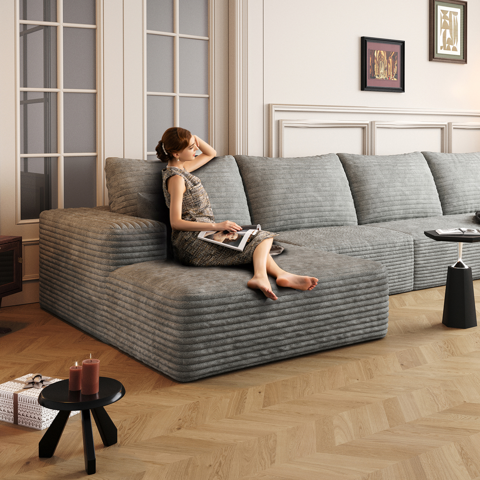 135" Cloud Sectional Couch with L-Shape Chaise,Modern Modular Sofa with Deep Seat, Upholstered Couches for Living Room Bedroom,No Assembly Required, Grey(Plush Corduroy Fabric) - Image 4