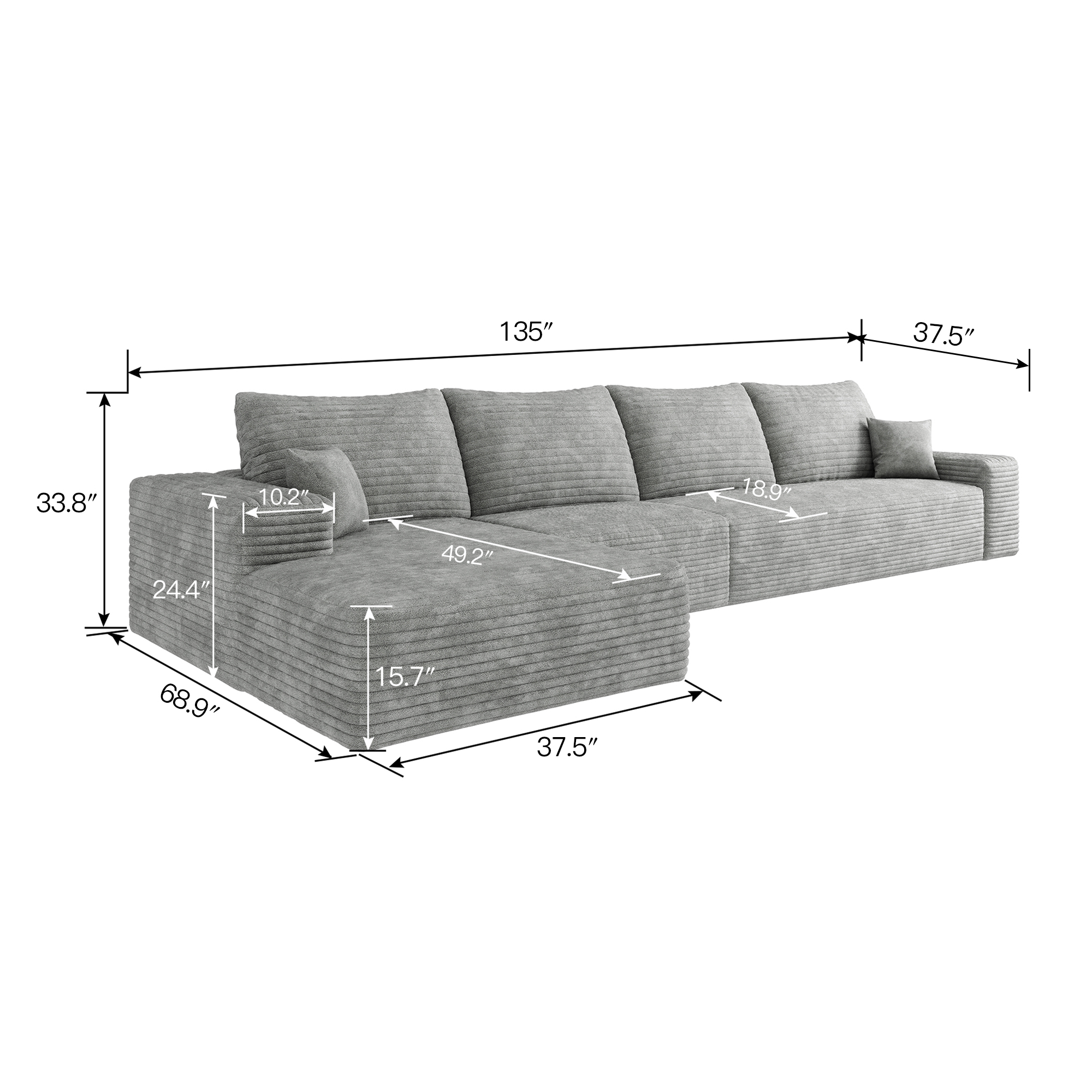 135" Cloud Sectional Couch with L-Shape Chaise,Modern Modular Sofa with Deep Seat, Upholstered Couches for Living Room Bedroom,No Assembly Required, Grey(Plush Corduroy Fabric) - Image 6