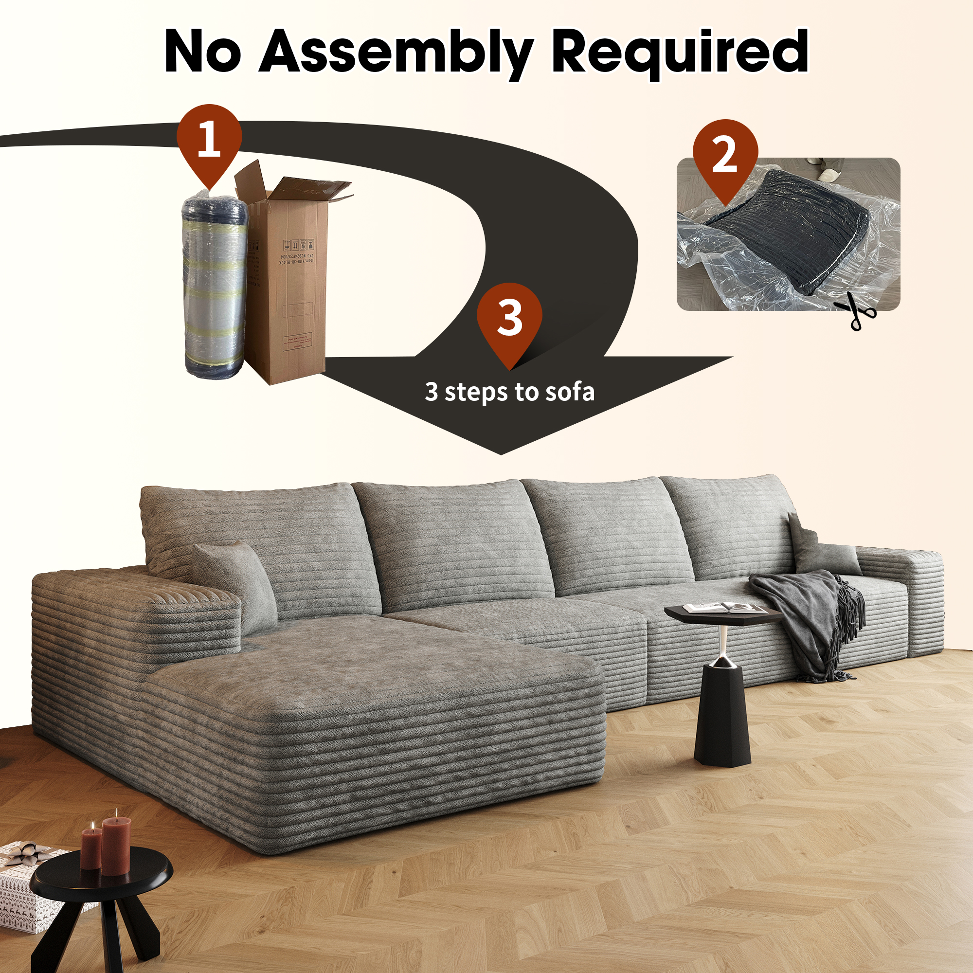 135" Cloud Sectional Couch with L-Shape Chaise,Modern Modular Sofa with Deep Seat, Upholstered Couches for Living Room Bedroom,No Assembly Required, Grey(Plush Corduroy Fabric) - Image 5