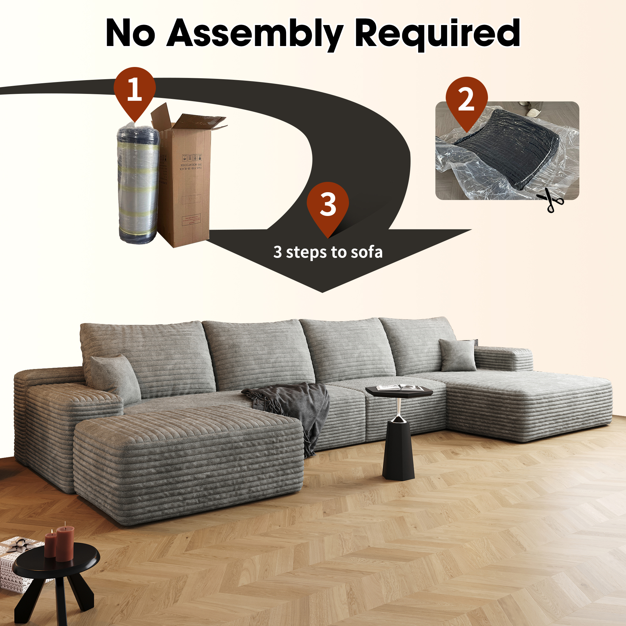 135" Cloud Sectional Sofa with 1 Ottoman,Modern Minimalist Upholstered Couches, Comfort U Shaped Sofa for Living Room,Deep Seat Corner Couch,No Assembly Required ,Grey(Plush Corduroy Fabric) - Image 5