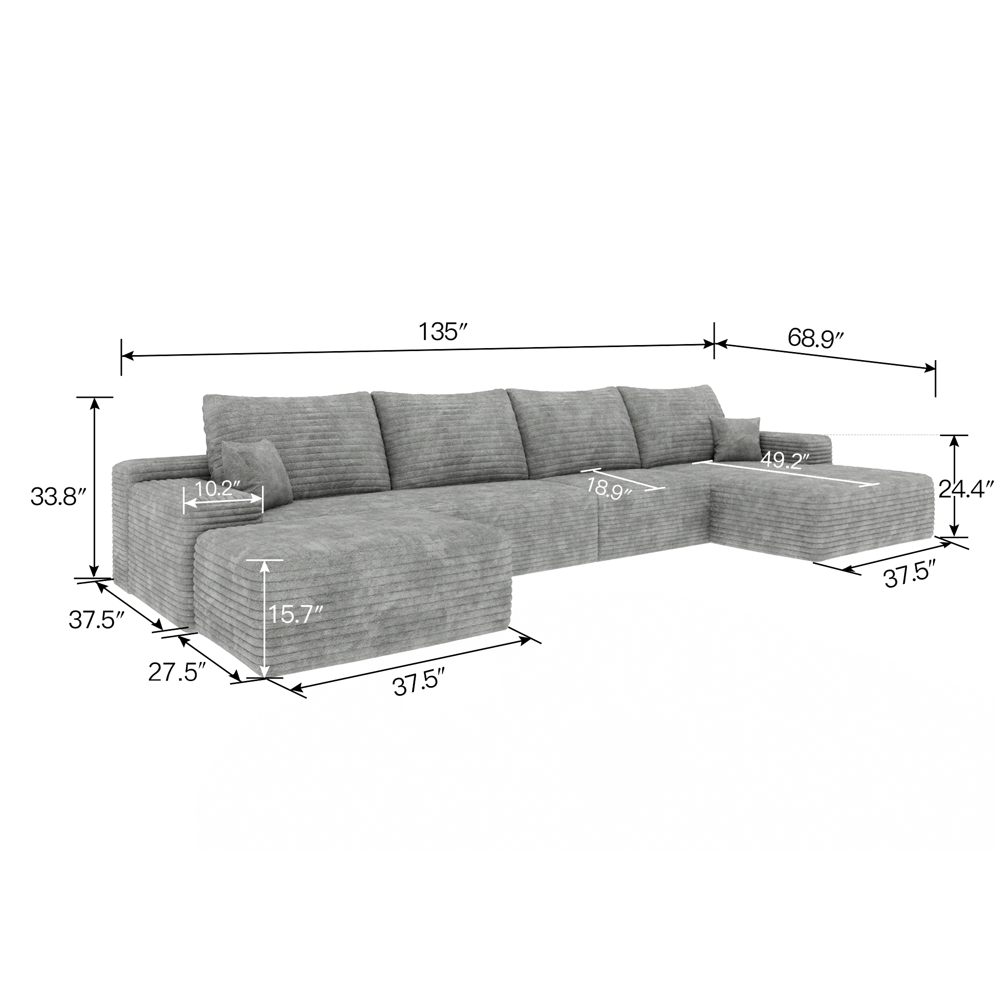 135" Cloud Sectional Sofa with 1 Ottoman,Modern Minimalist Upholstered Couches, Comfort U Shaped Sofa for Living Room,Deep Seat Corner Couch,No Assembly Required ,Grey(Plush Corduroy Fabric) - Image 6