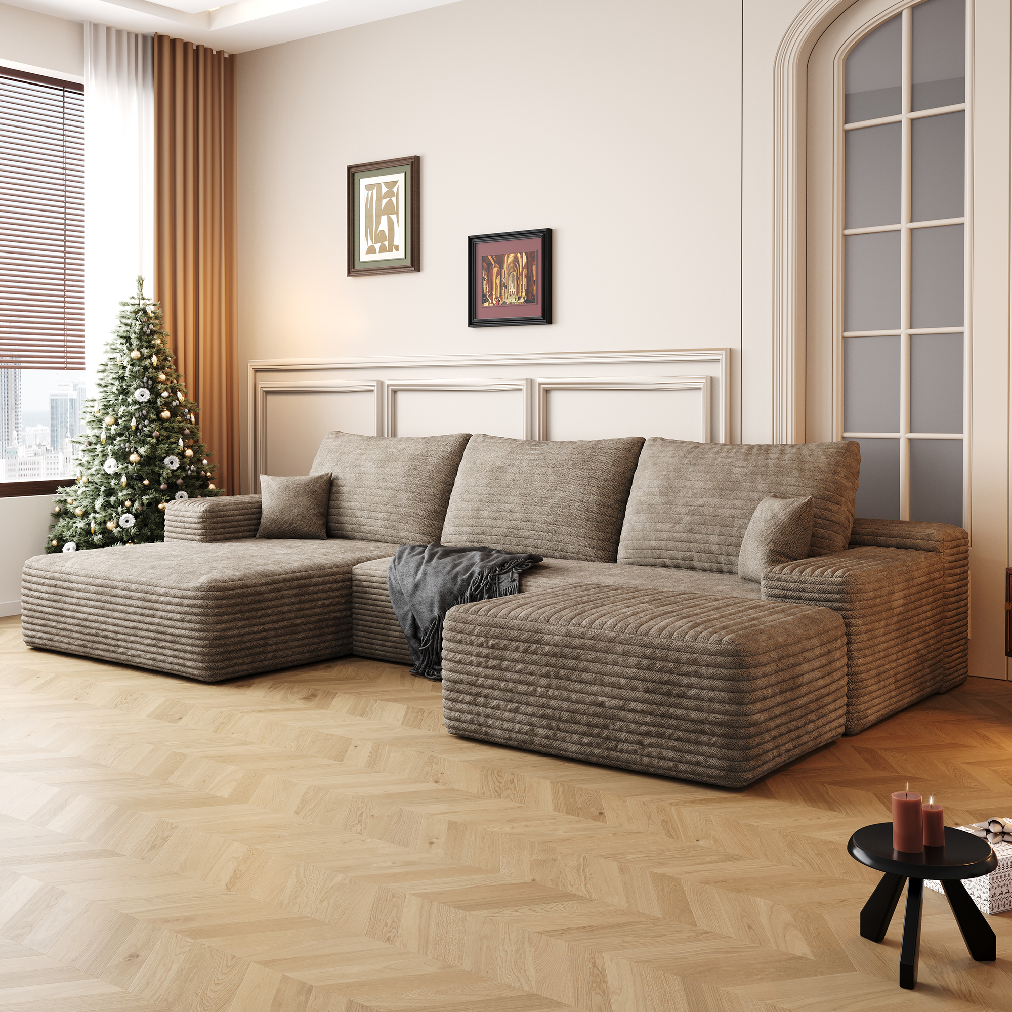 107"Cloud Sectional Sofa with 1 Ottoman,Modern Minimalist Upholstered Couches,Comfort U Shaped Sofa for Living Room,Deep Seat Corner Couch,No Assembly Required,Camel (Plush Corduroy Fabric) - Image 2