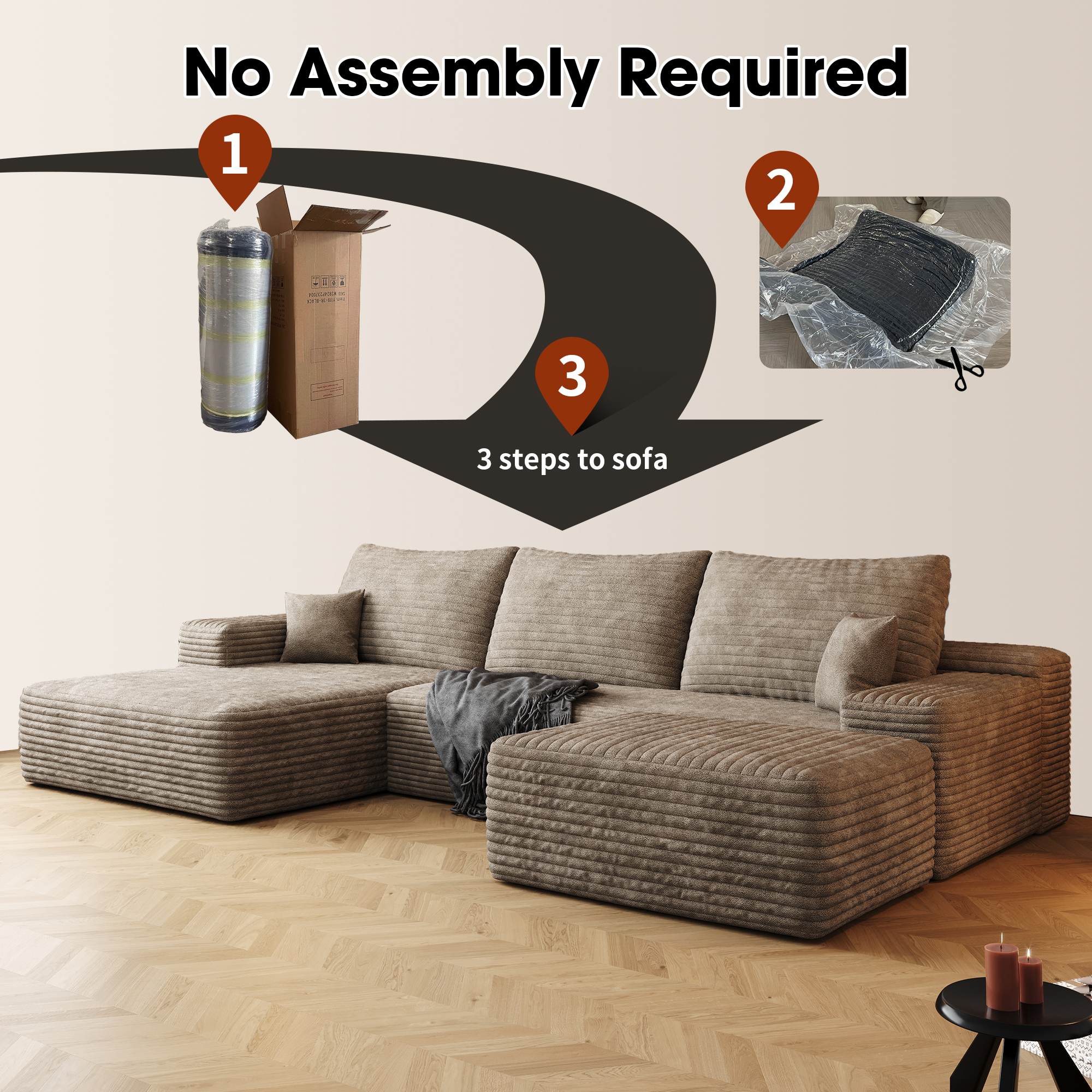107"Cloud Sectional Sofa with 1 Ottoman,Modern Minimalist Upholstered Couches,Comfort U Shaped Sofa for Living Room,Deep Seat Corner Couch,No Assembly Required,Camel (Plush Corduroy Fabric) - Image 4