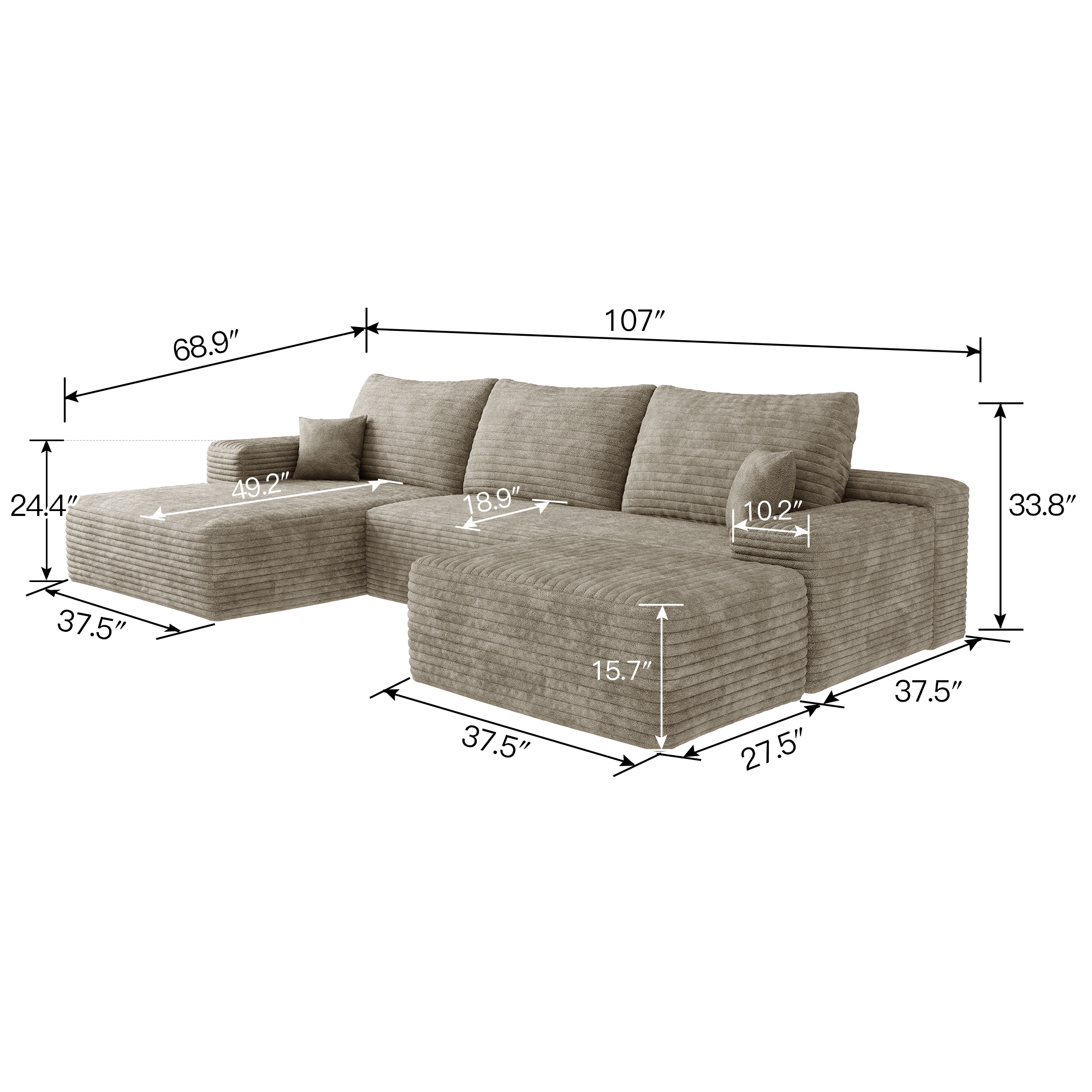 107"Cloud Sectional Sofa with 1 Ottoman,Modern Minimalist Upholstered Couches,Comfort U Shaped Sofa for Living Room,Deep Seat Corner Couch,No Assembly Required,Camel (Plush Corduroy Fabric) - Image 6