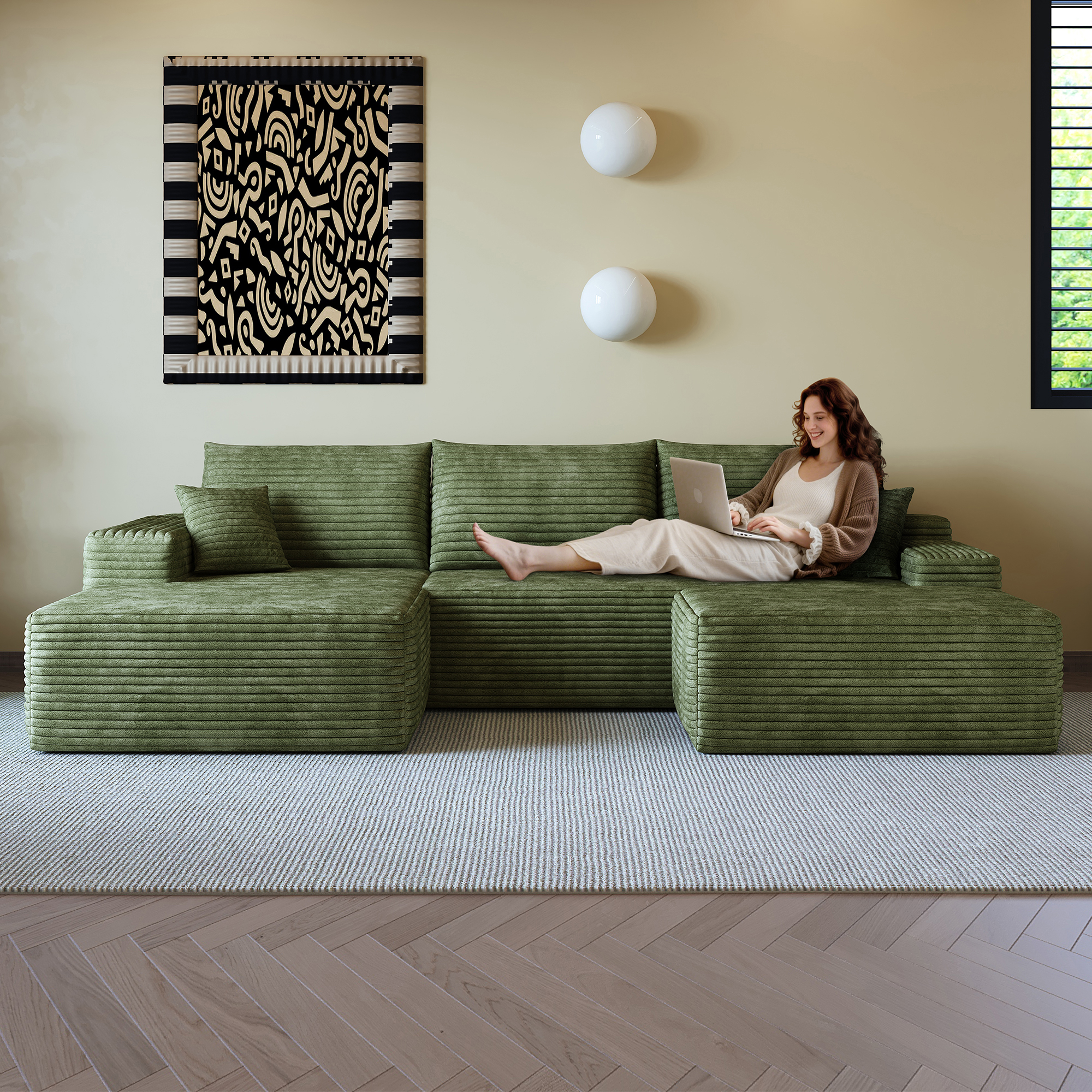 107"Cloud Sectional Sofa with 1 Ottoman,Modern Minimalist Upholstered Couches,Comfort U Shaped Sofa for Living Room,Deep Seat Corner Couch,No Assembly Required (Plush Corduroy Fabric),Green - Image 2