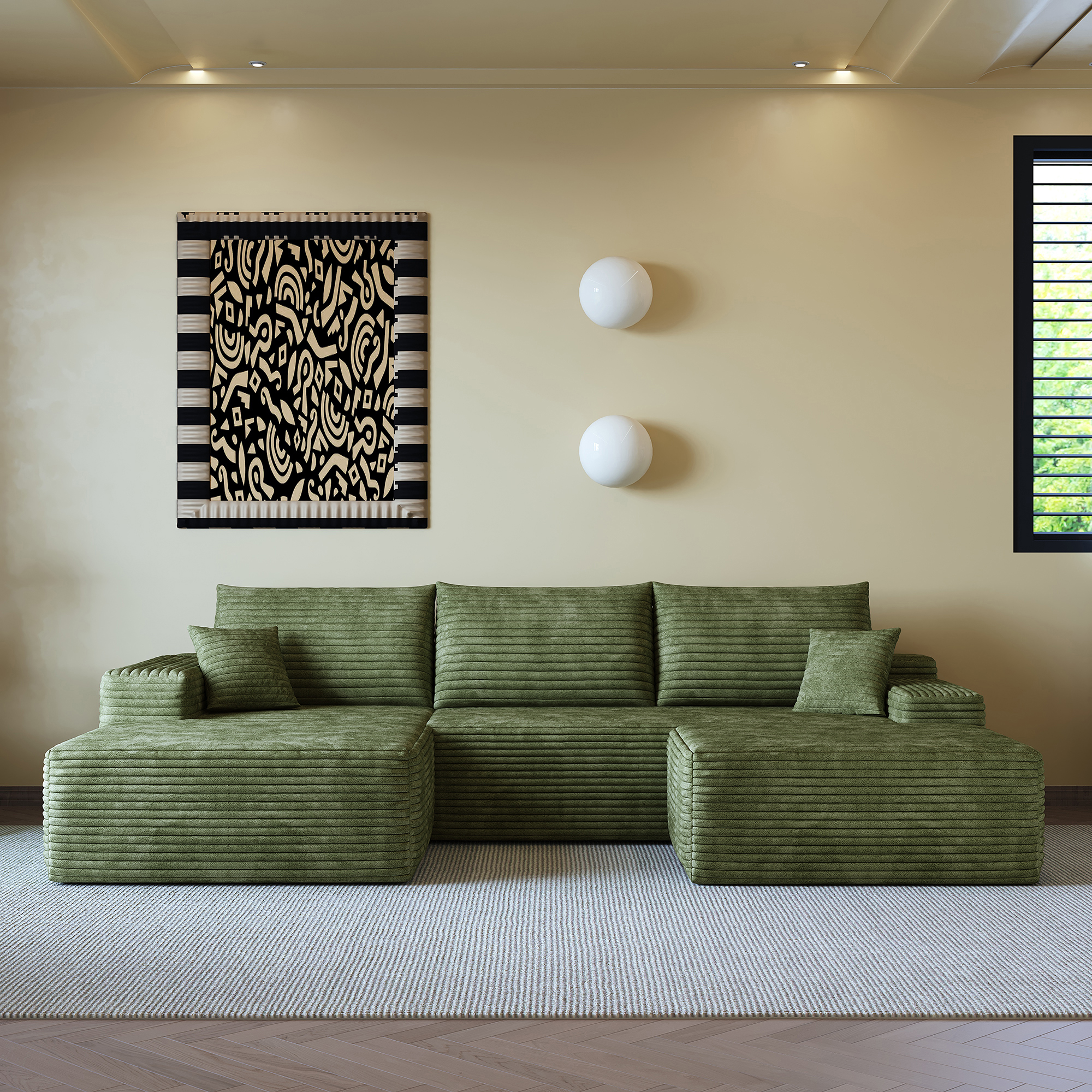 107"Cloud Sectional Sofa with 1 Ottoman,Modern Minimalist Upholstered Couches,Comfort U Shaped Sofa for Living Room,Deep Seat Corner Couch,No Assembly Required (Plush Corduroy Fabric),Green - Image 4
