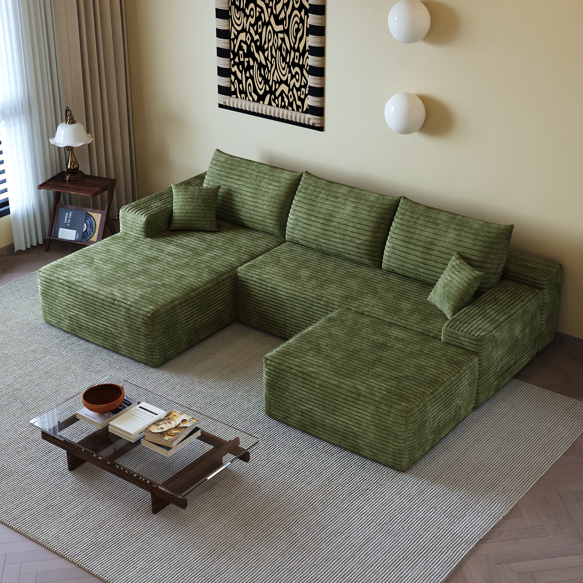 107"Cloud Sectional Sofa with 1 Ottoman,Modern Minimalist Upholstered Couches,Comfort U Shaped Sofa for Living Room,Deep Seat Corner Couch,No Assembly Required (Plush Corduroy Fabric),Green - Image 5