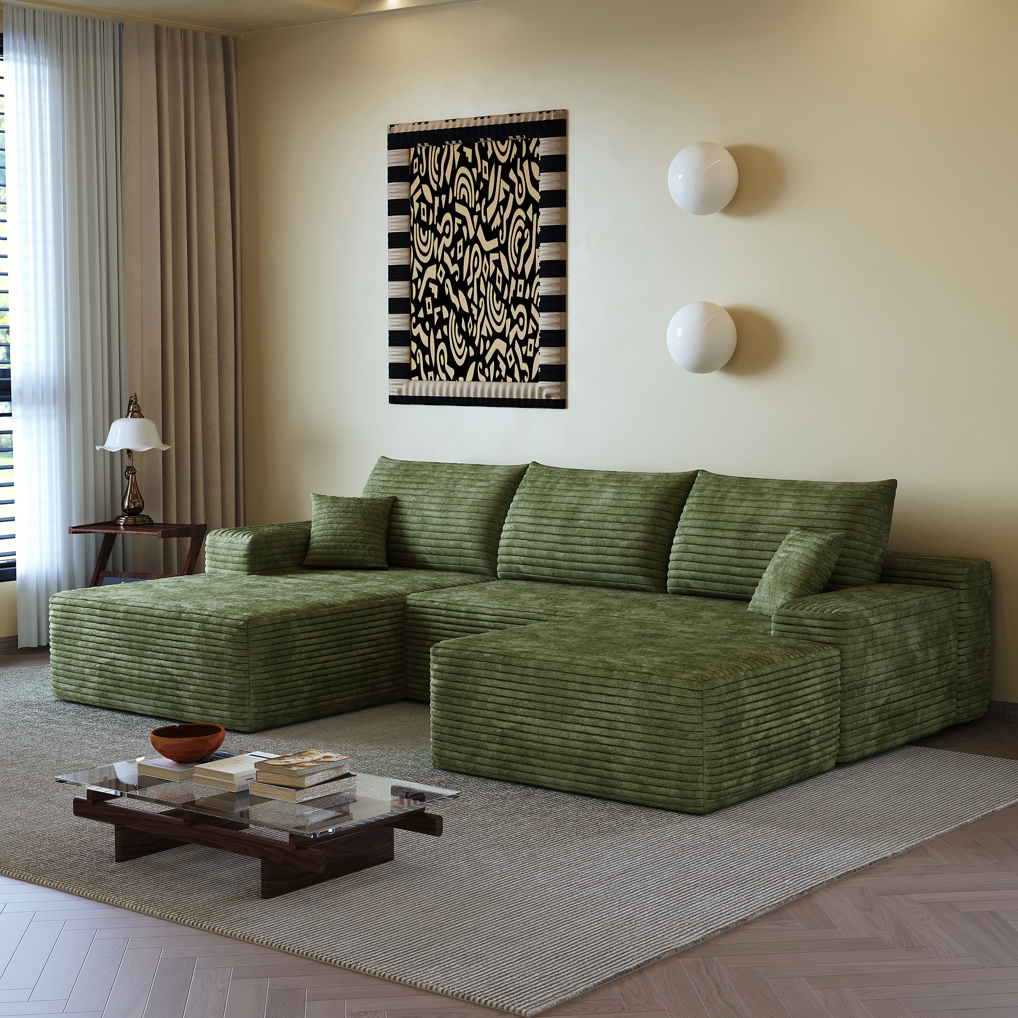 107"Cloud Sectional Sofa with 1 Ottoman,Modern Minimalist Upholstered Couches,Comfort U Shaped Sofa for Living Room,Deep Seat Corner Couch,No Assembly Required (Plush Corduroy Fabric),Green - Image 6