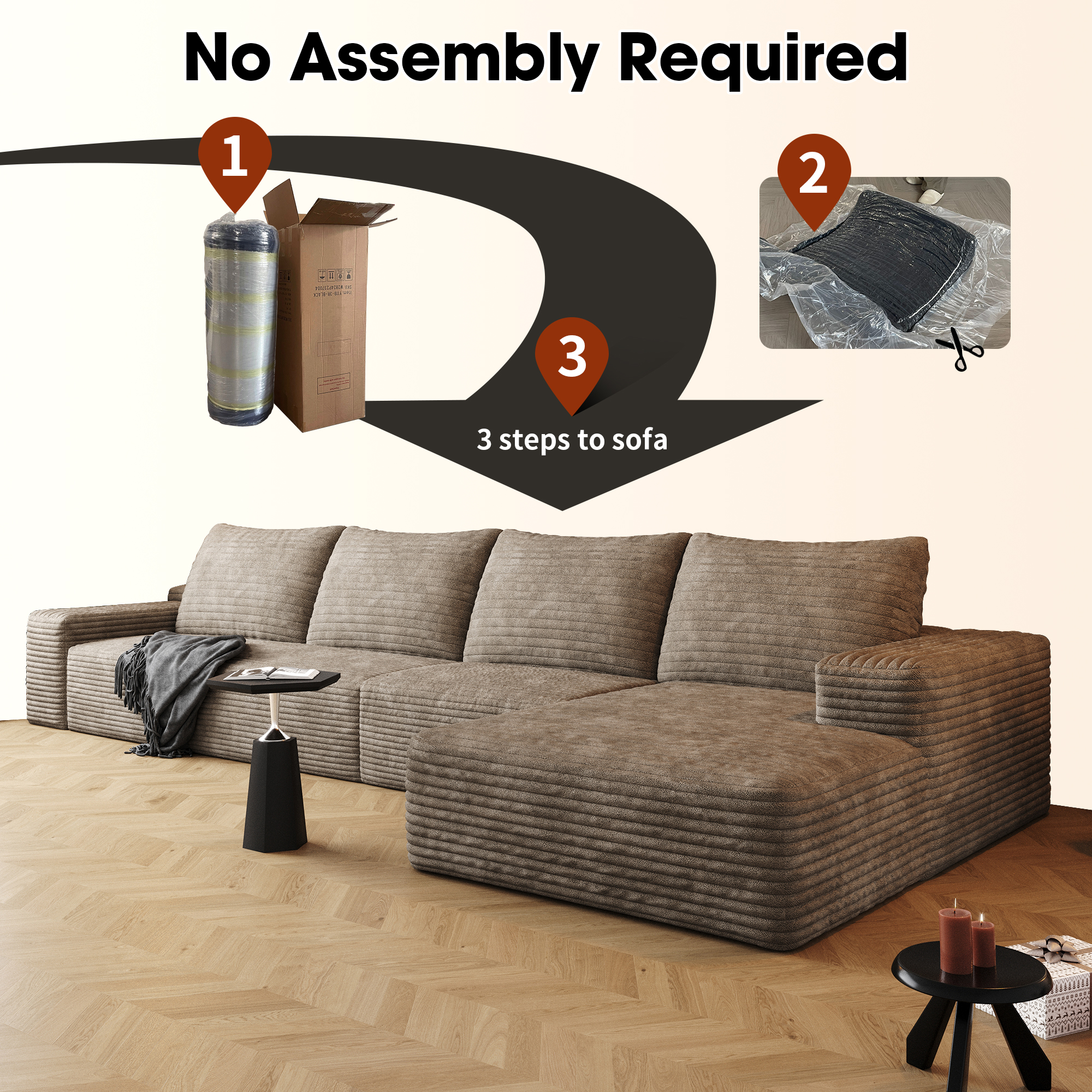 134" Cloud Sectional Couch with L-Shape Chaise,Modern Modular Sofa with Deep Seat, Upholstered Couches for Living Room Bedroom,No Assembly Required,Camel (Plush Corduroy Fabric) - Image 3