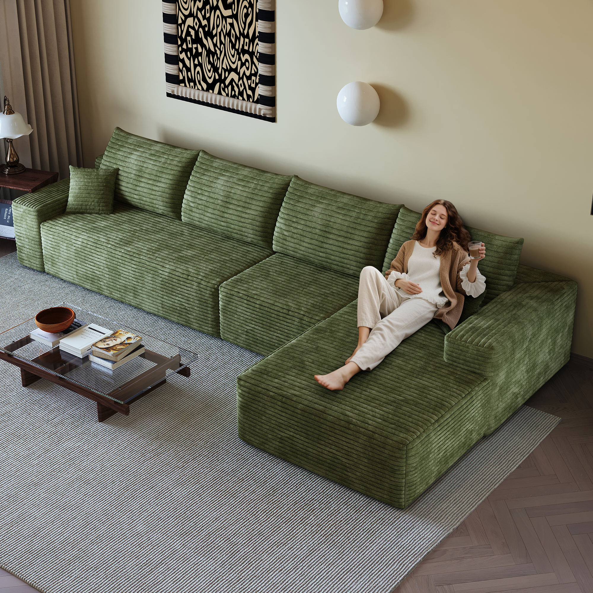 135" Cloud Sectional Couch with L-Shape Chaise,Modern Modular Sofa with Deep Seat, Upholstered Couches for Living Room Bedroom,No Assembly Required, (Plush Corduroy Fabric),Green - Image 2