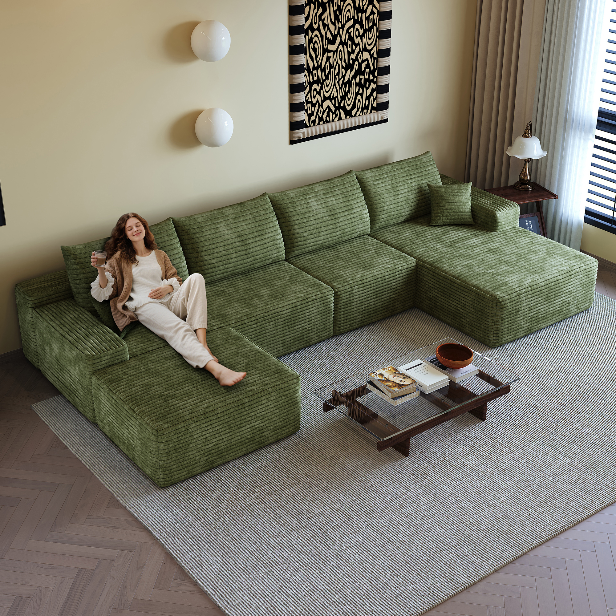 135" Cloud Sectional Sofa with 1 Ottoman,Modern Minimalist Upholstered Couches, Comfort U Shaped Sofa for Living Room,Deep Seat Corner Couch,No Assembly Required (Plush Corduroy Fabric),Green - Image 2