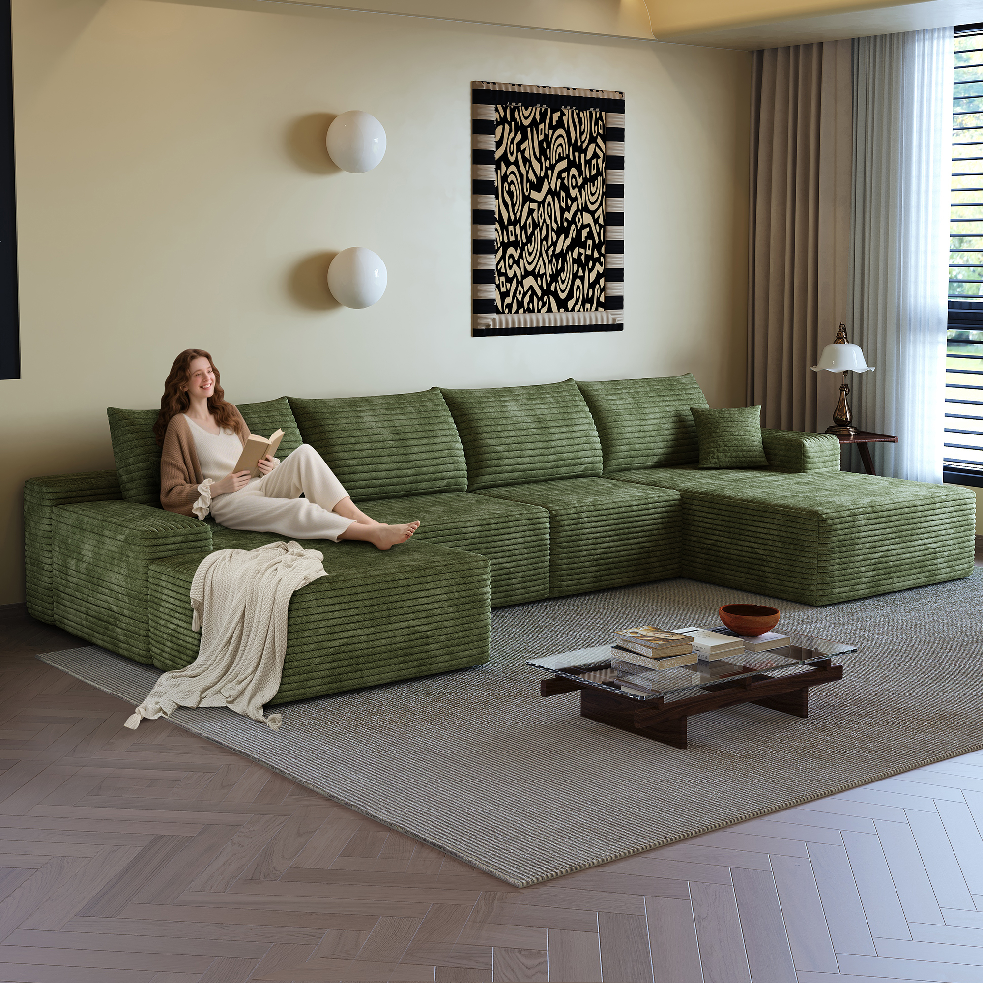 135" Cloud Sectional Sofa with 1 Ottoman,Modern Minimalist Upholstered Couches, Comfort U Shaped Sofa for Living Room,Deep Seat Corner Couch,No Assembly Required (Plush Corduroy Fabric),Green - Image 3
