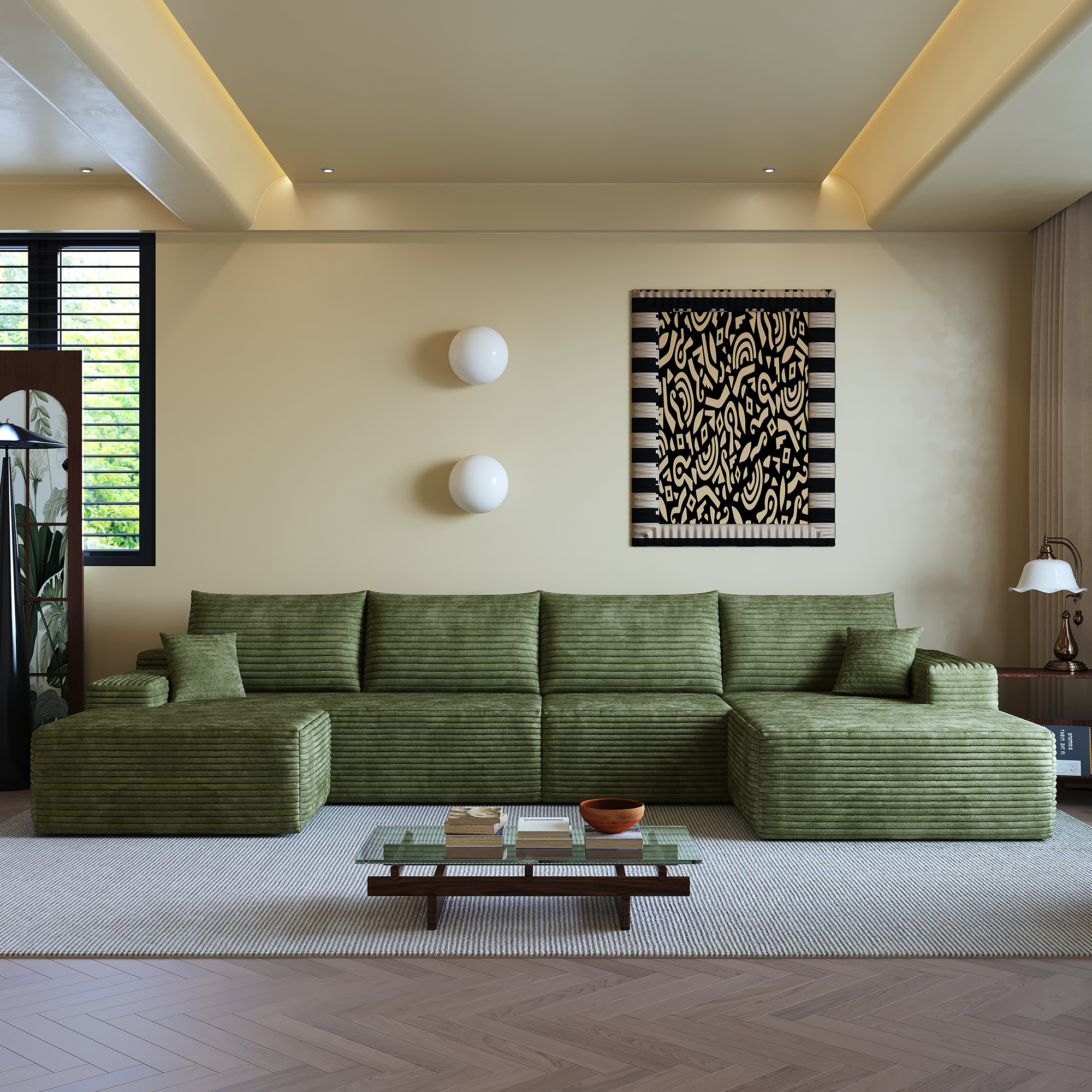 135" Cloud Sectional Sofa with 1 Ottoman,Modern Minimalist Upholstered Couches, Comfort U Shaped Sofa for Living Room,Deep Seat Corner Couch,No Assembly Required (Plush Corduroy Fabric),Green - Image 4