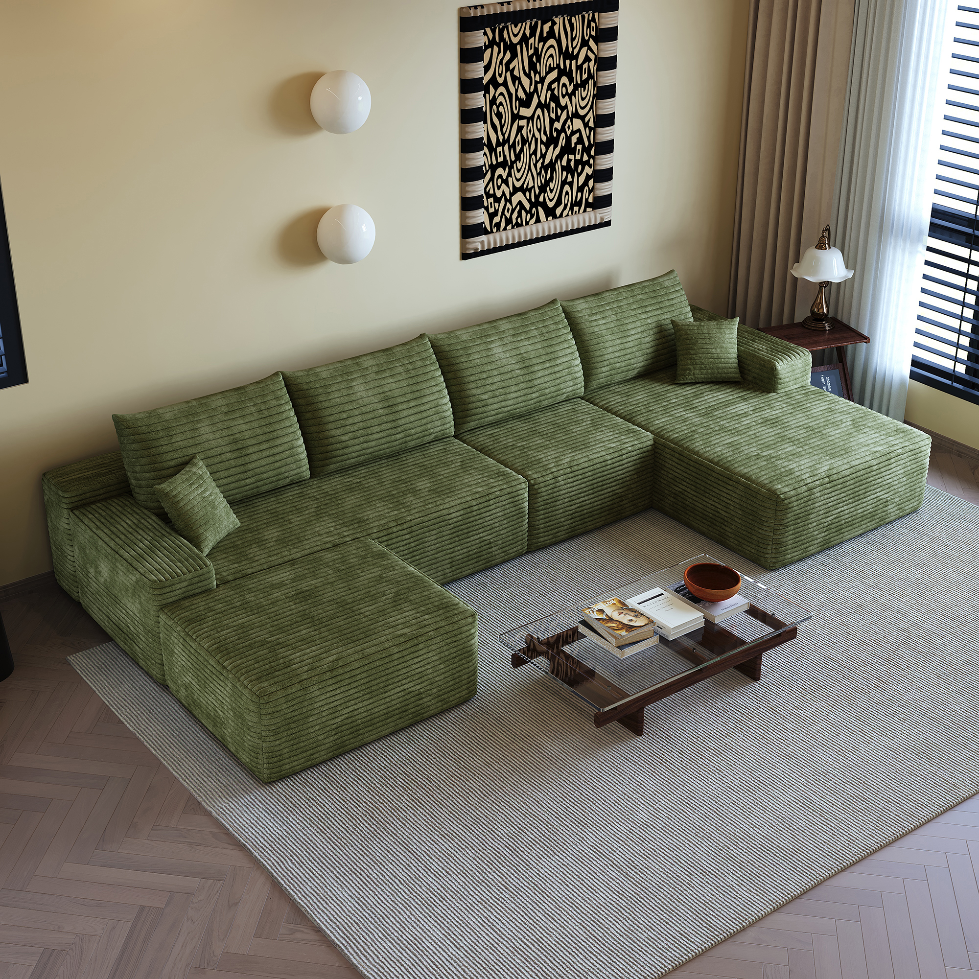 135" Cloud Sectional Sofa with 1 Ottoman,Modern Minimalist Upholstered Couches, Comfort U Shaped Sofa for Living Room,Deep Seat Corner Couch,No Assembly Required (Plush Corduroy Fabric),Green - Image 5