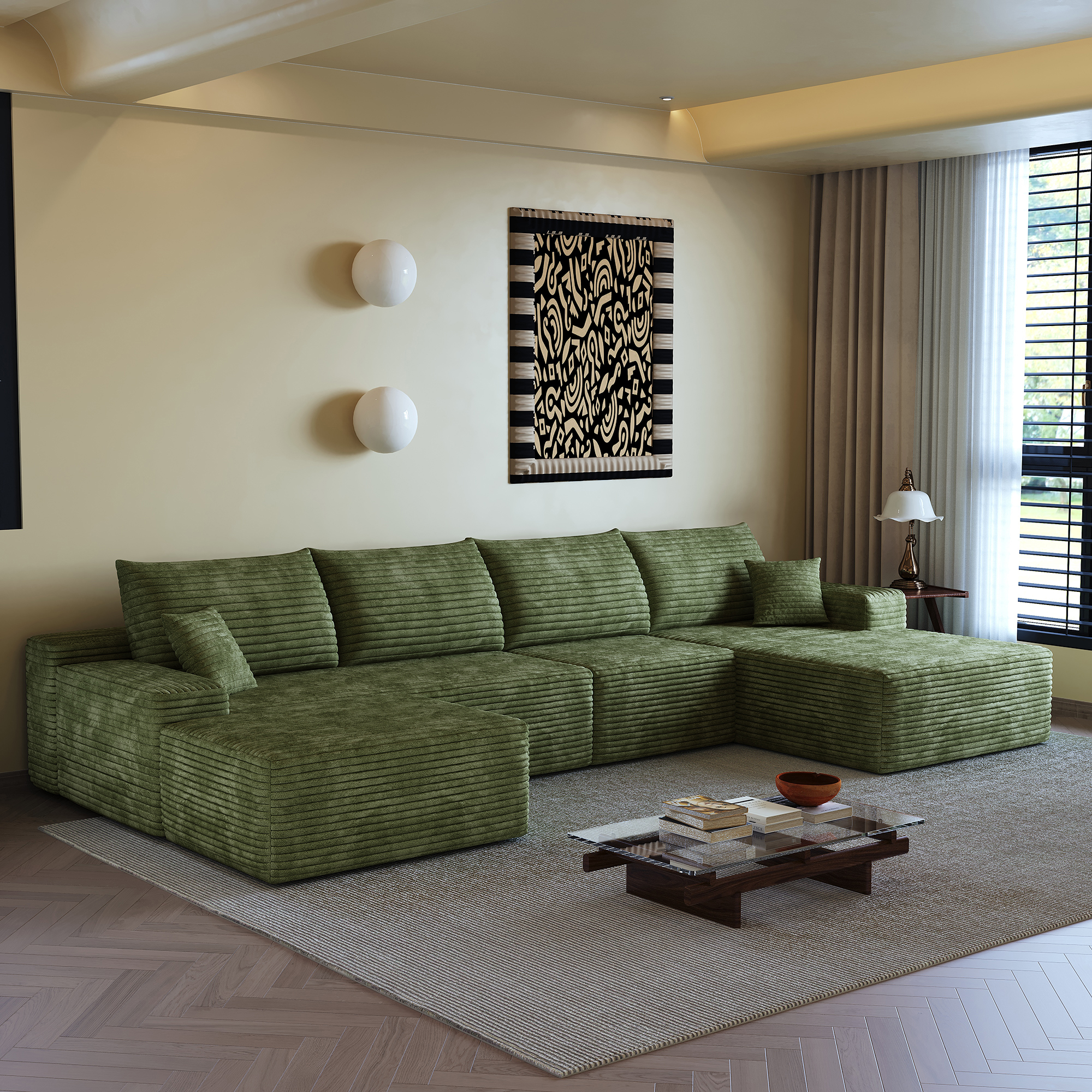 135" Cloud Sectional Sofa with 1 Ottoman,Modern Minimalist Upholstered Couches, Comfort U Shaped Sofa for Living Room,Deep Seat Corner Couch,No Assembly Required (Plush Corduroy Fabric),Green - Image 6