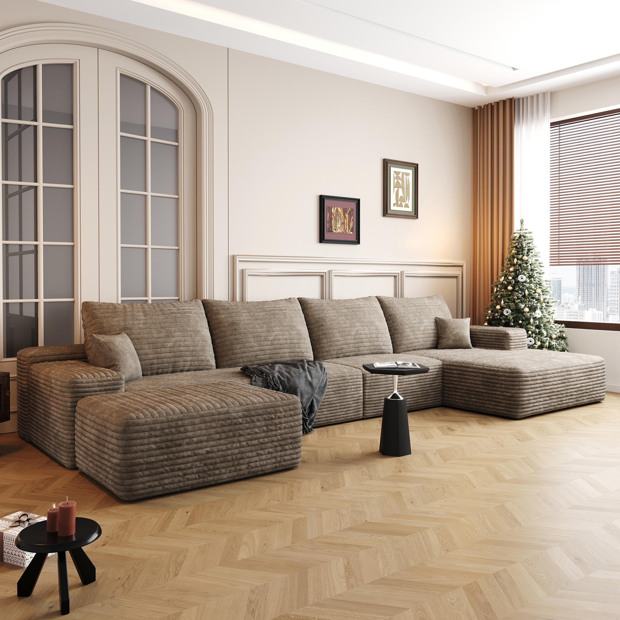 135" Cloud Sectional Sofa with 1 Ottoman,Modern Minimalist Upholstered Couches, Comfort U Shaped Sofa for Living Room,Deep Seat Corner Couch,No Assembly Required,Camel(Plush Corduroy Fabric) - Image 2