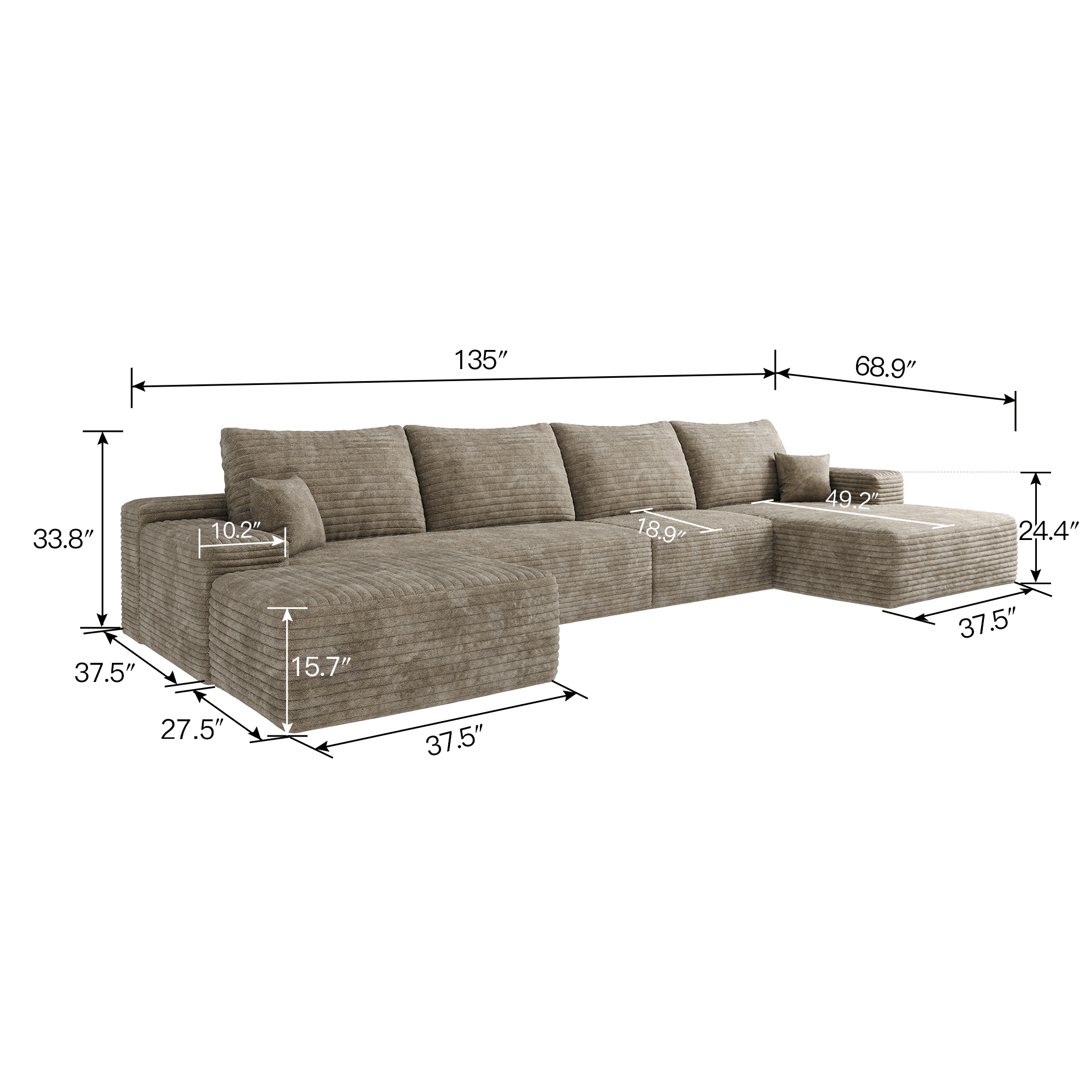 135" Cloud Sectional Sofa with 1 Ottoman,Modern Minimalist Upholstered Couches, Comfort U Shaped Sofa for Living Room,Deep Seat Corner Couch,No Assembly Required,Camel(Plush Corduroy Fabric) - Image 5