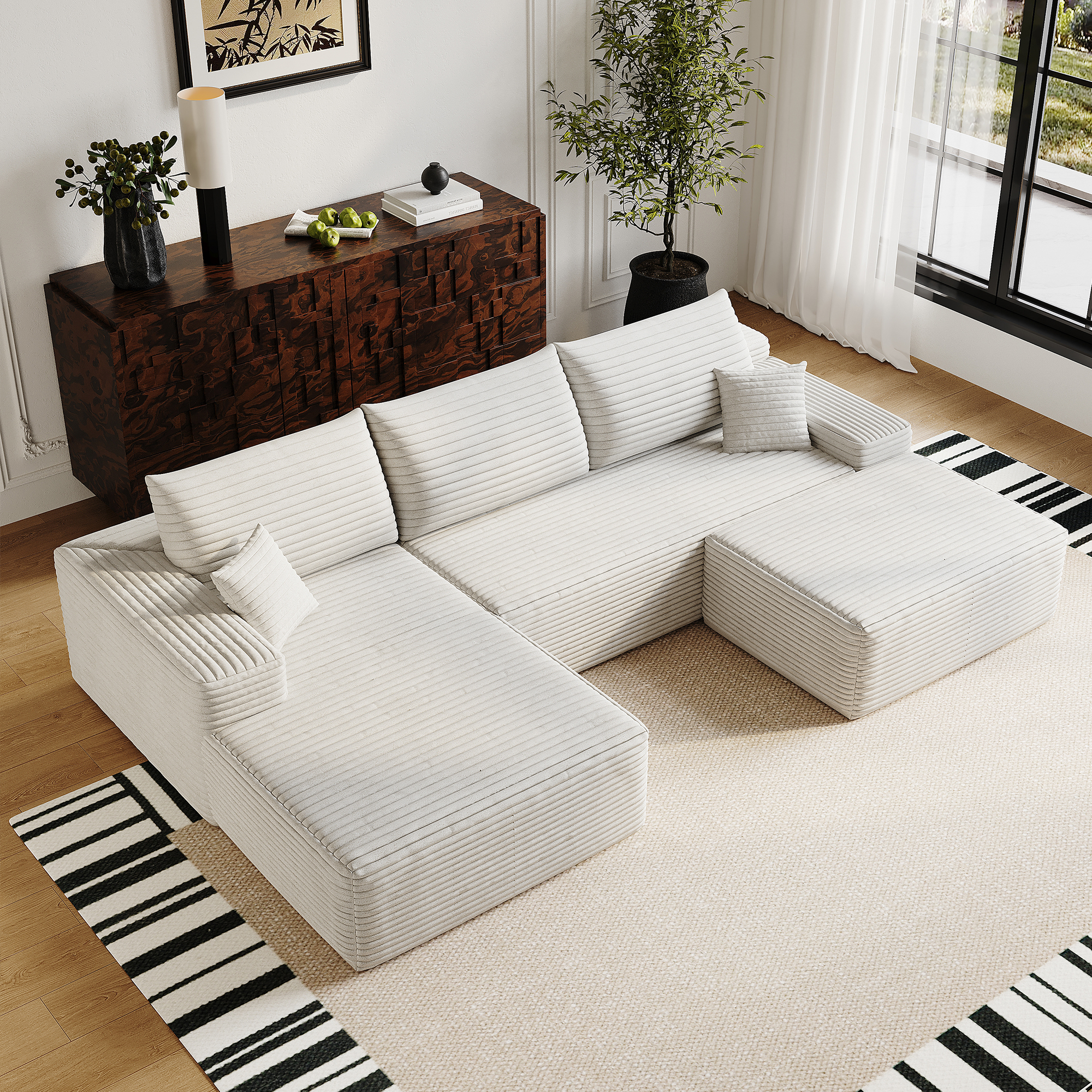 107"Cloud Sectional Sofa with 1 Ottoman,Modern Minimalist Upholstered Couches,Comfort U Shaped Sofa for Living Room,Deep Seat Corner Couch,No Assembly Required (Plush Corduroy Fabric),White - Image 2