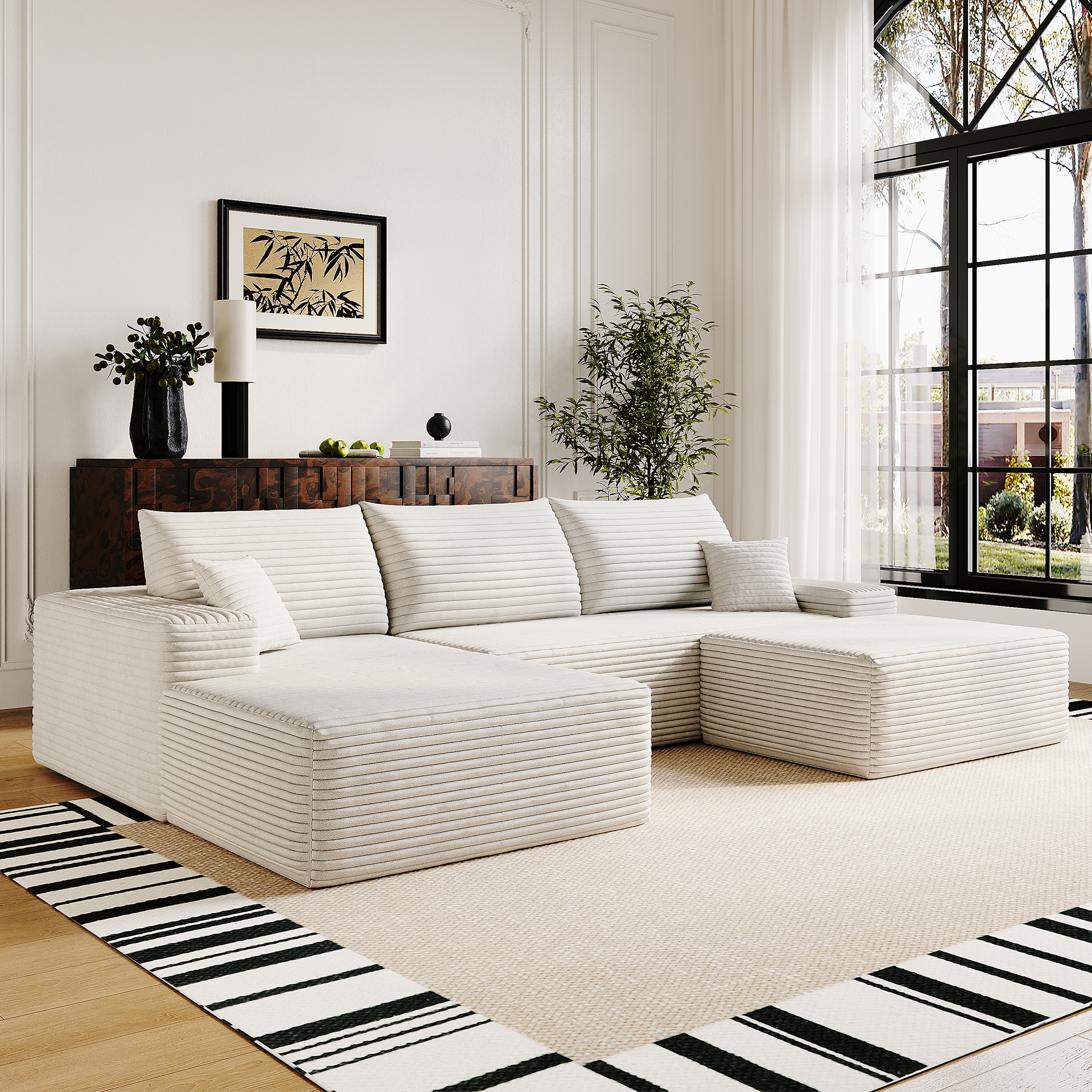 107"Cloud Sectional Sofa with 1 Ottoman,Modern Minimalist Upholstered Couches,Comfort U Shaped Sofa for Living Room,Deep Seat Corner Couch,No Assembly Required (Plush Corduroy Fabric),White - Image 3